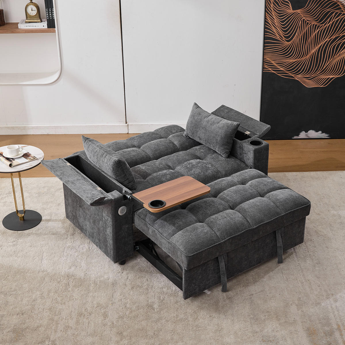 SCHLAFSOFA 140.5/74/82 cm Grau mit USB-Anschluss, verstecktem Tisch und Getränkehalter - Grau, Textil (140.5/82/74cm) - Oxeza