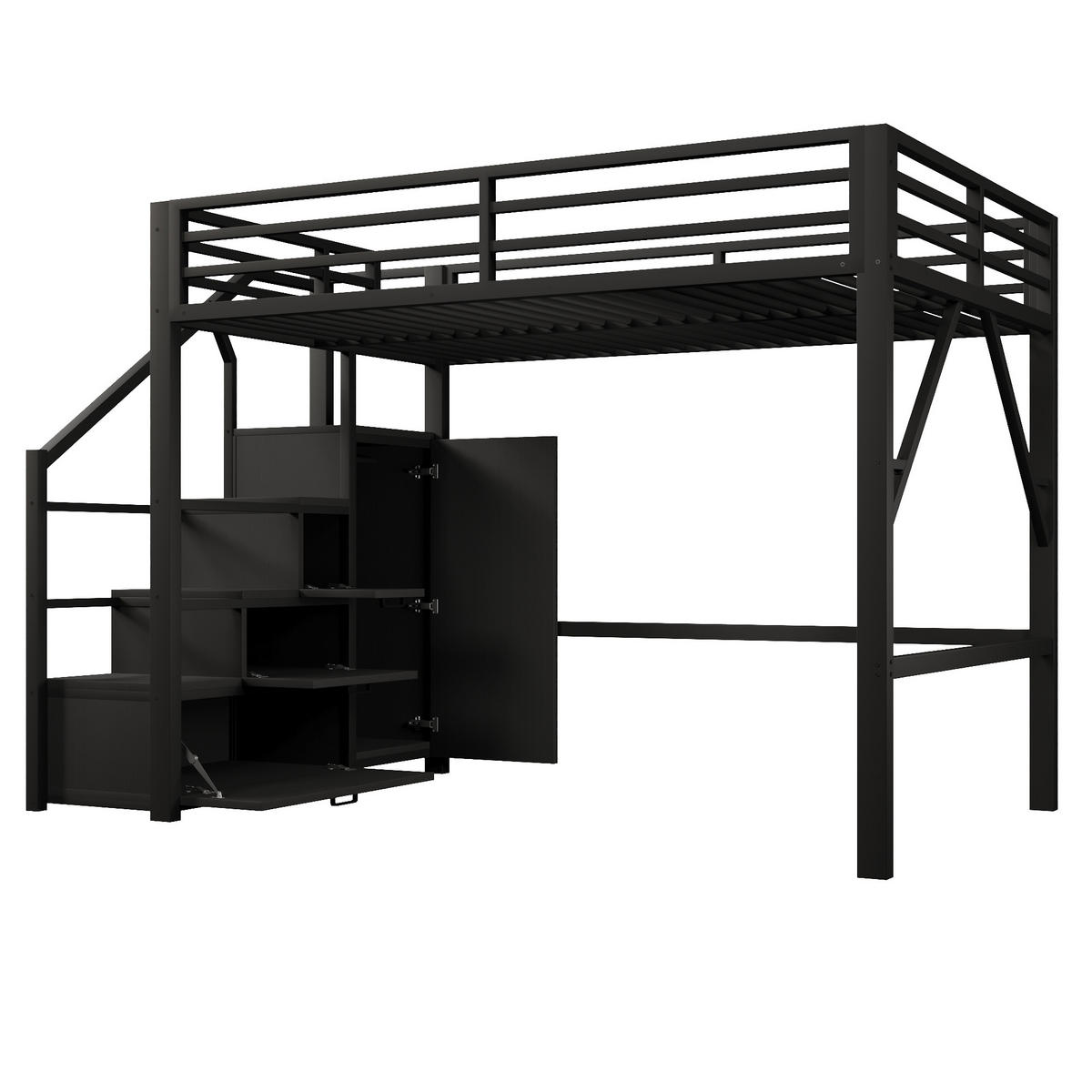 HOCHBETT mit Kleiderschrank und LED 140x200 cm Metall Schwarz - Schwarz, Metall (140/200cm) - Meubliv