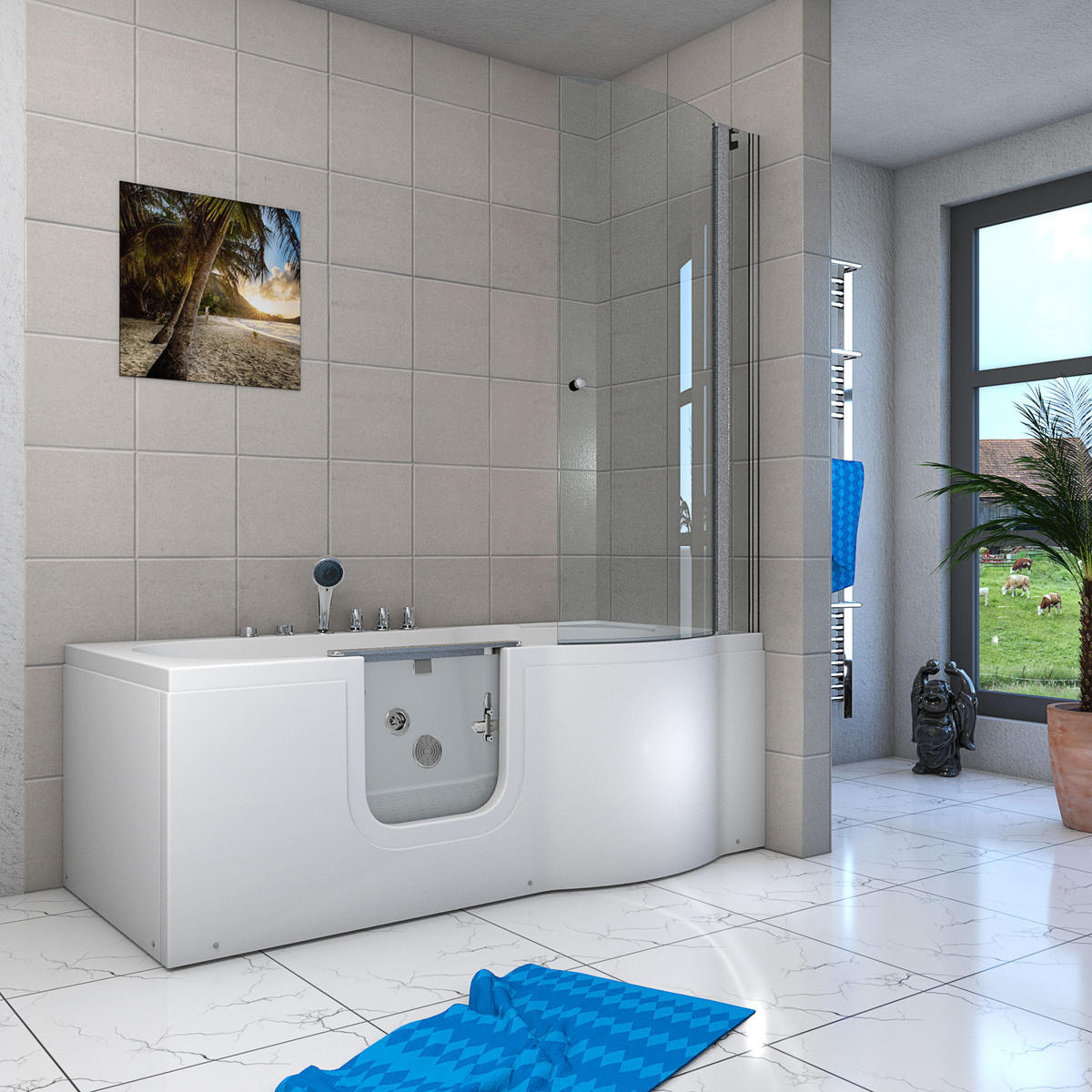 SENIORENDUSCHE Wanne mit Whirlpool S12D-TH-WP-L-EC 170x85cm - Weiß, Glas/Kunststoff (85/200/170cm) - AcquaVapore by Sandra Jentho