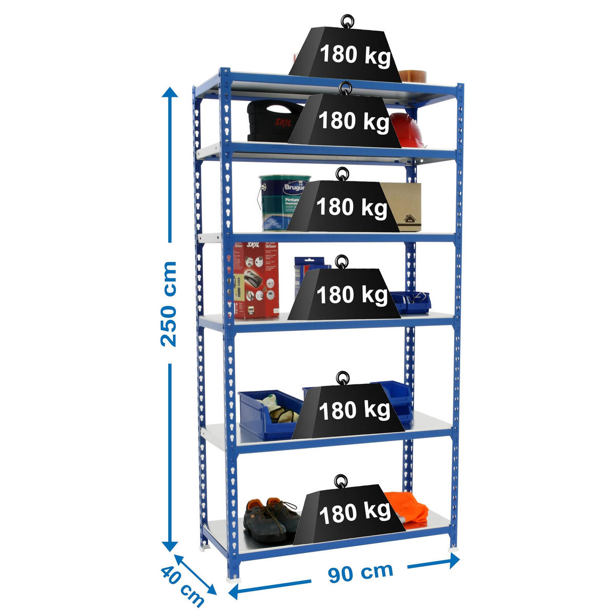 SCHWERLASTREGAL Giant Metal Shark HxBxT 250 x 90 x 40 cm Fachlast 180 kg Blau - Blau, Metall (90/250/40cm) - PROREGAL