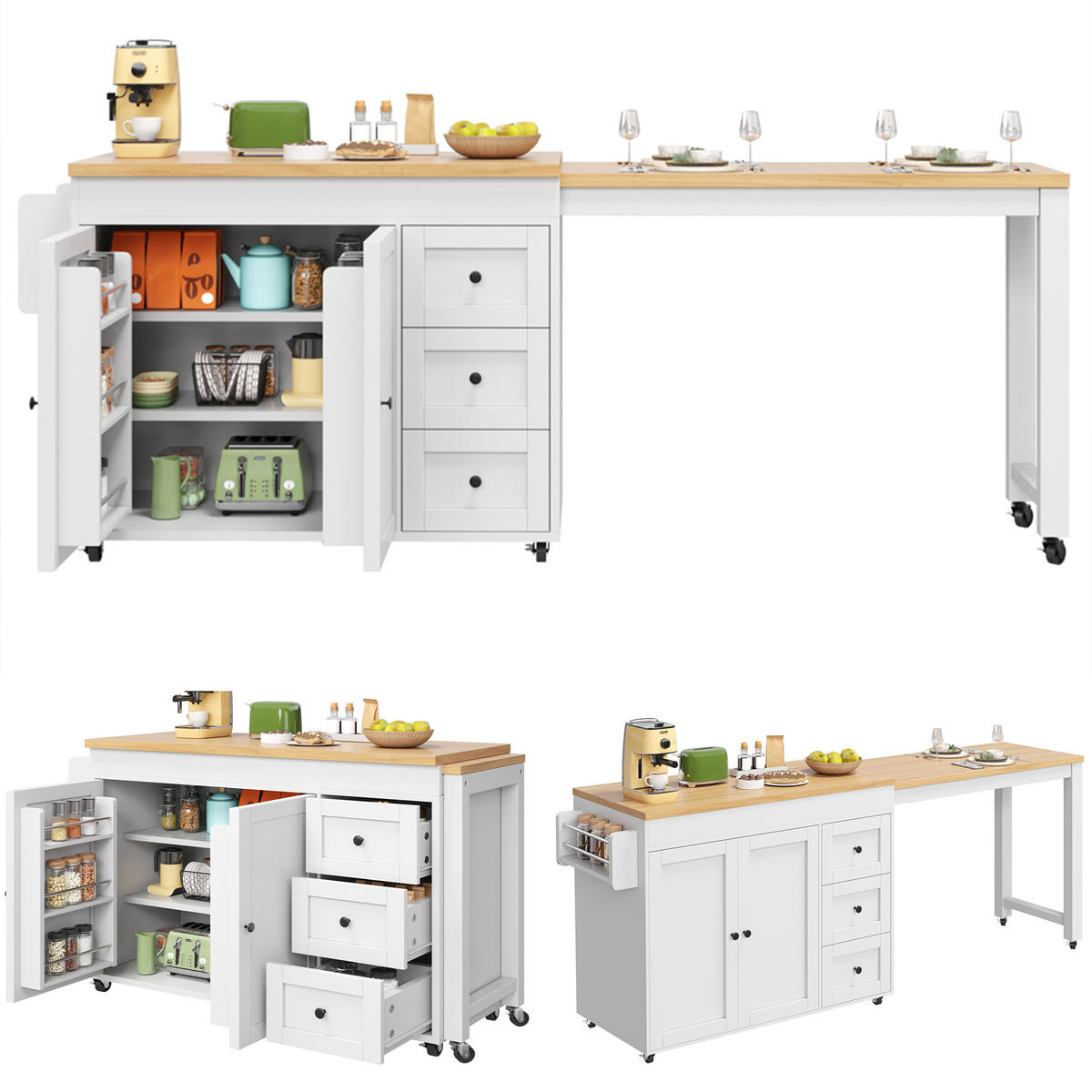 KÜCHENINSEL DE-38369 116/179 cm ausziehbar mit 3 Schubladen und Rollen Schwarz - Weiß, Holzwerkstoff (116/89/45cm) - ComfortXL