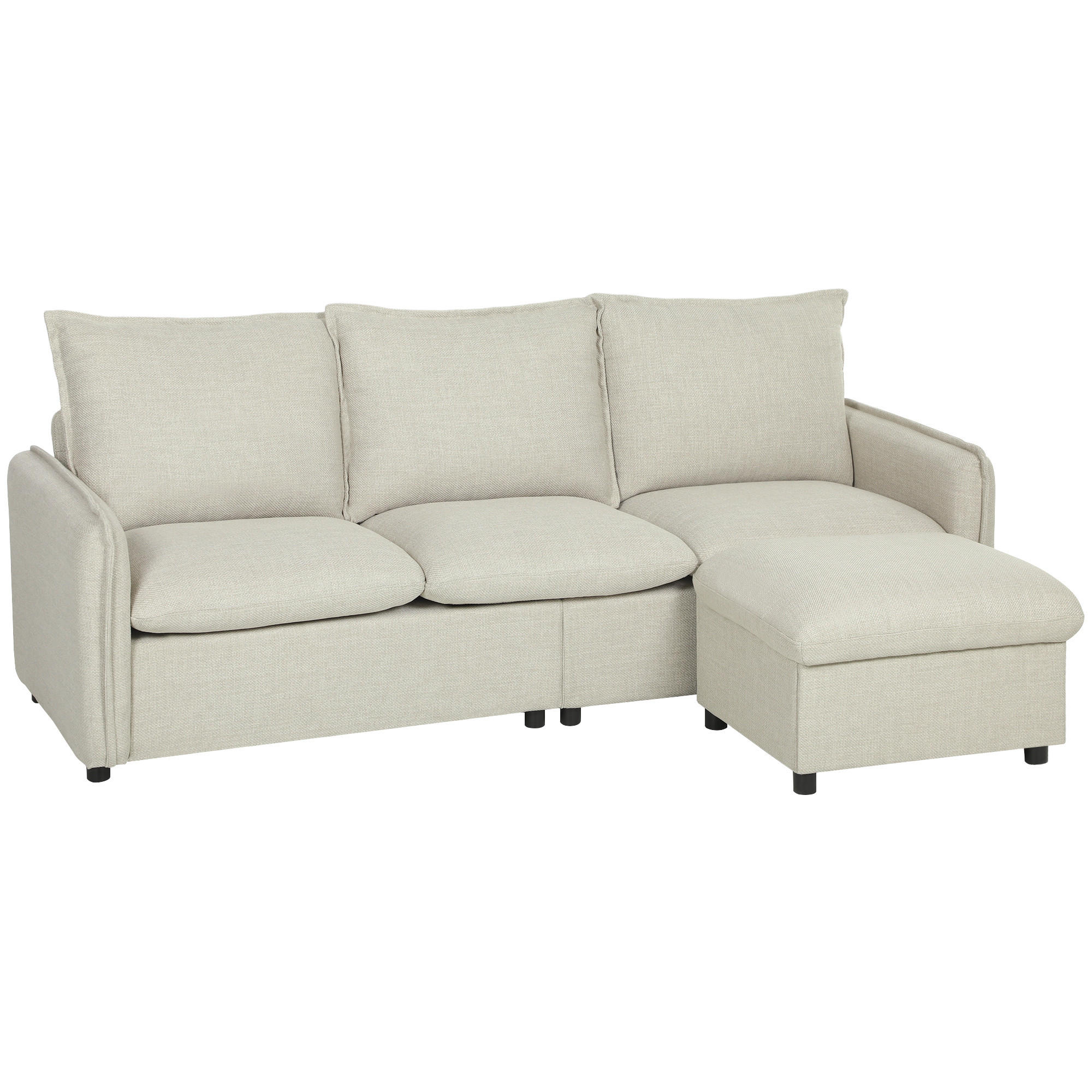SOFA, 3-Sitzer, Stauraumhocker, Ecksofa, Federkernkissen, Leinen, creme - Multicolor, Holzwerkstoff (212/84/125cm) - FORIOUS