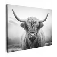 LEINWANDBILD - Schottischer Highlander - Nebel - Schwarz - Weiß - 80x60 - Malerei - Grau, Textil (80/60cm) - MuchoWow