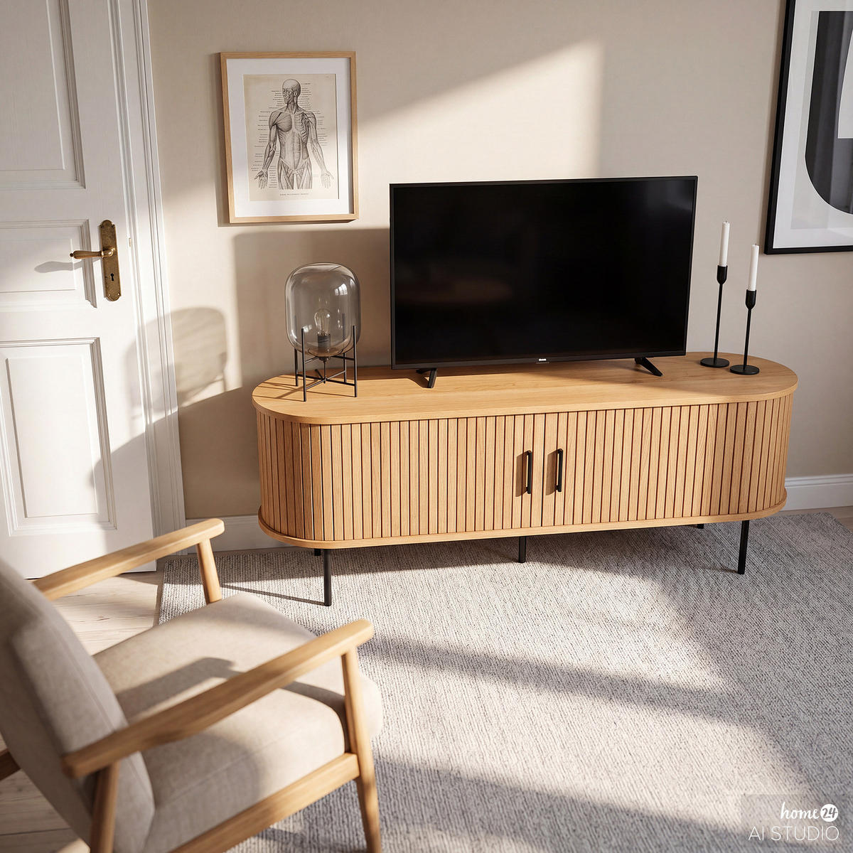 TV-LOWBOARD - Echtholzfurnier - Eichefarben/Schwarz, Holzwerkstoff/Metall (150/55/40cm) - home24