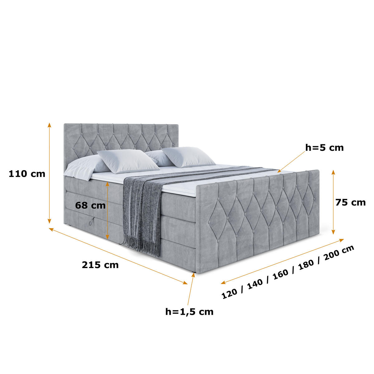 BOXSPRINGBETT VELANTO-Z KING - 160 x 200 - H3/H4 - Grau - Grau, Holzwerkstoff (160/200cm) - ALTDECOR