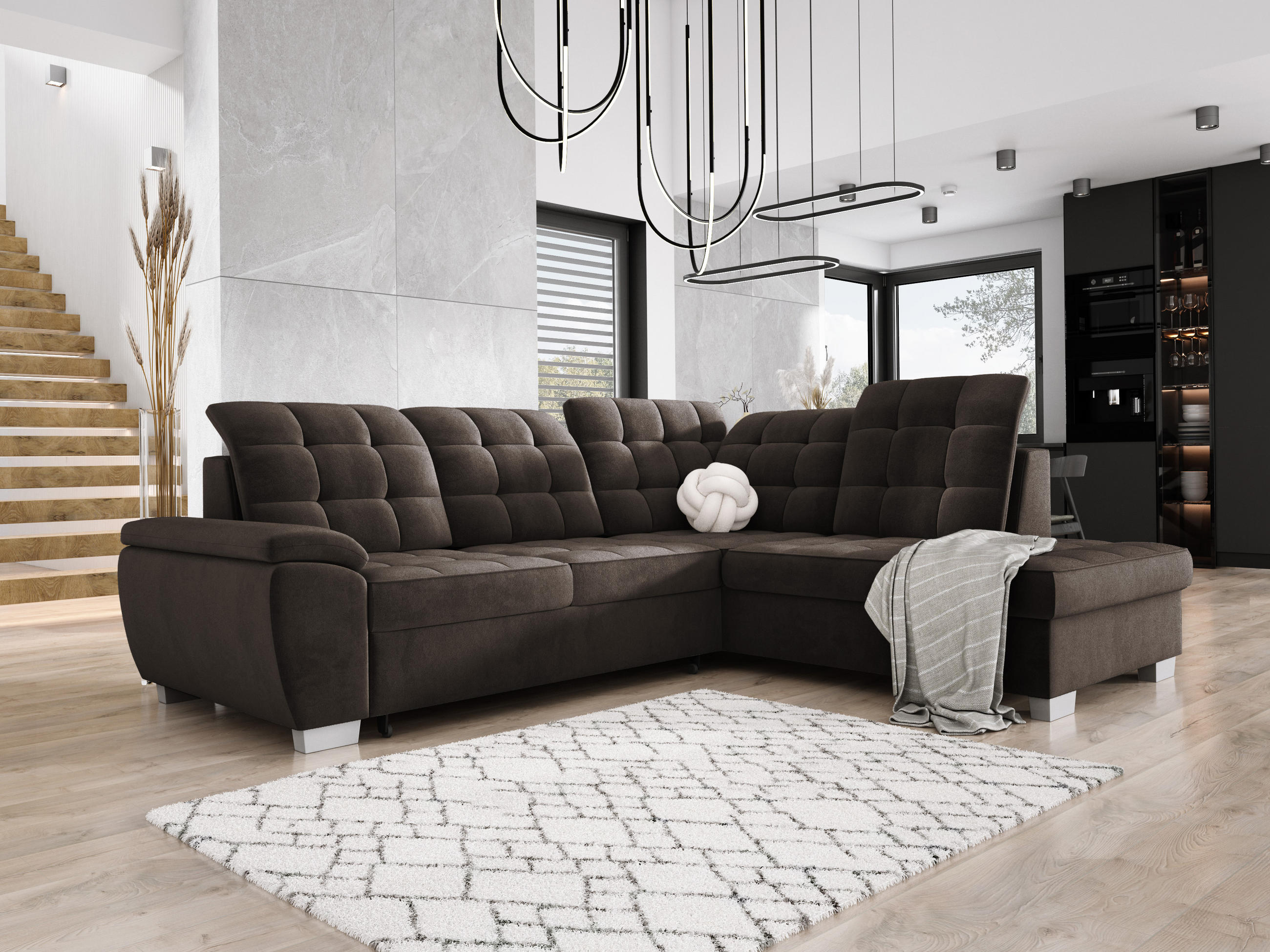 ECKSOFA LOTTA SALVADOR Bettkasten verstellbare Kopfstützen hochwertige Verarbeitung lose Rückenkissen freistehend RECHTS 258x212x106 cm Brown - Braun, Holz/Textil (258/212cm) - DomoHome