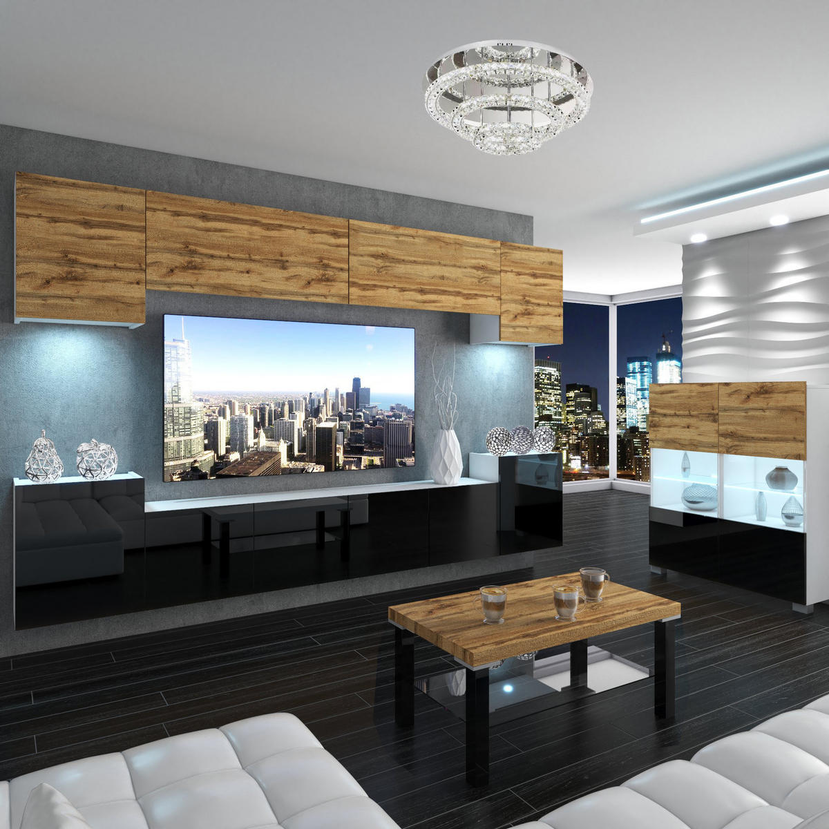 WOHNZIMMERWAND Schrankwand mit LED Wotan Eiche Top / Schwarz - Eiche Wotan/Schwarz, Holz (300/180/36cm) - B BELINI GROUP