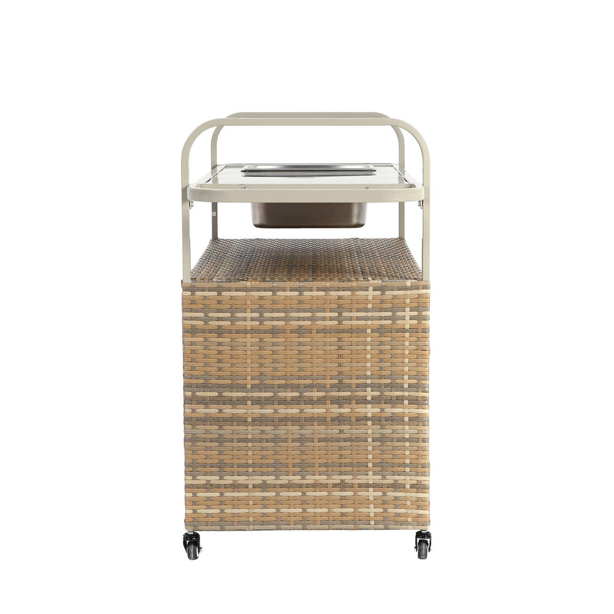 OUTDOOR-BARWAGEN 131 cm Beige Stahl & Rattan – Servierwagen mit Eisbehälter, Schrank & Lenkrollen - Beige, Metall (131/91/50cm) - Urban Meuble