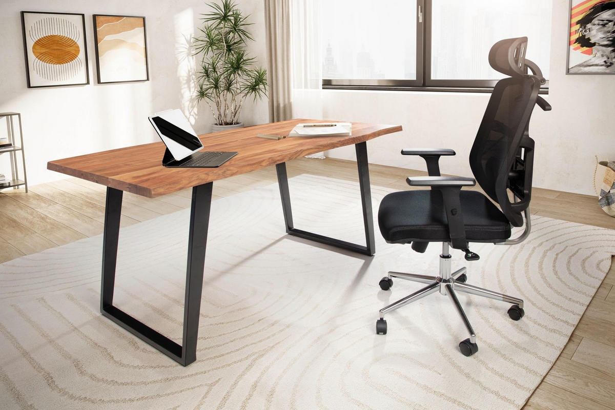 SCHREIBTISCH Massivholz Baumkante U-Gestell Handarbeit ATOLL, Goldbraun-Schwarz 140x80x76 cm - Schwarz/Braun, Holz/Metall (80/140/76cm) - KADIMA DESIGN