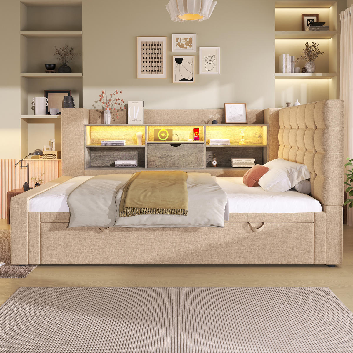 POLSTERBETT 90/200 cm aus Leinen mit Ausziehbett 90/190 cm, LED, USB-C, Stauraum und L-förmigem Kopfteil, Beige - Beige, Textil (90/200cm) - Redom