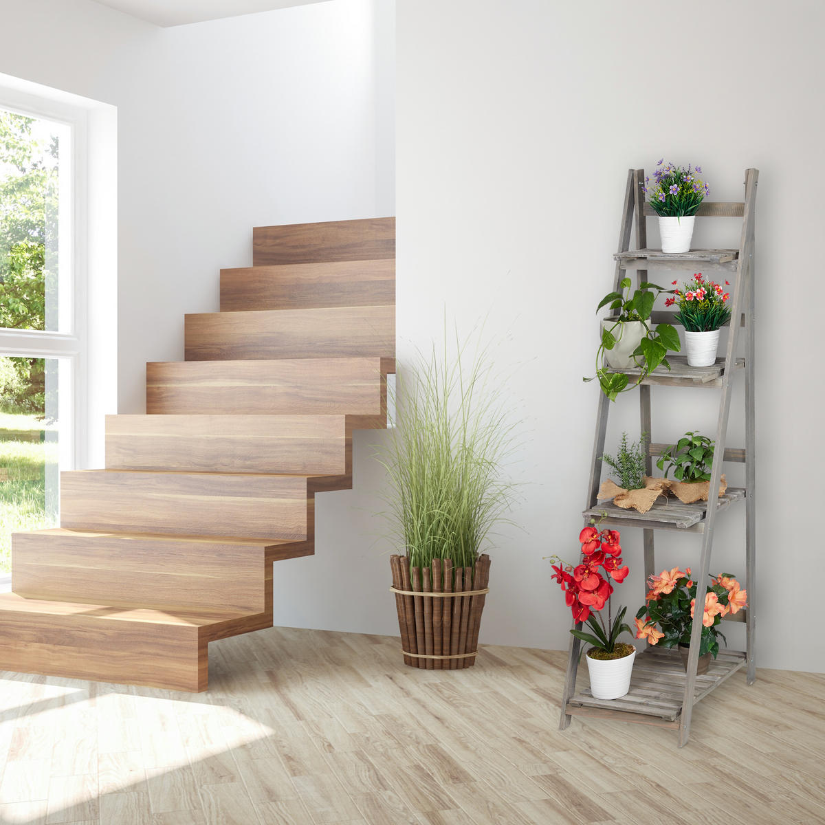 BLUMENTREPPE - Grau, Holz (41/160/50cm) - Relaxdays