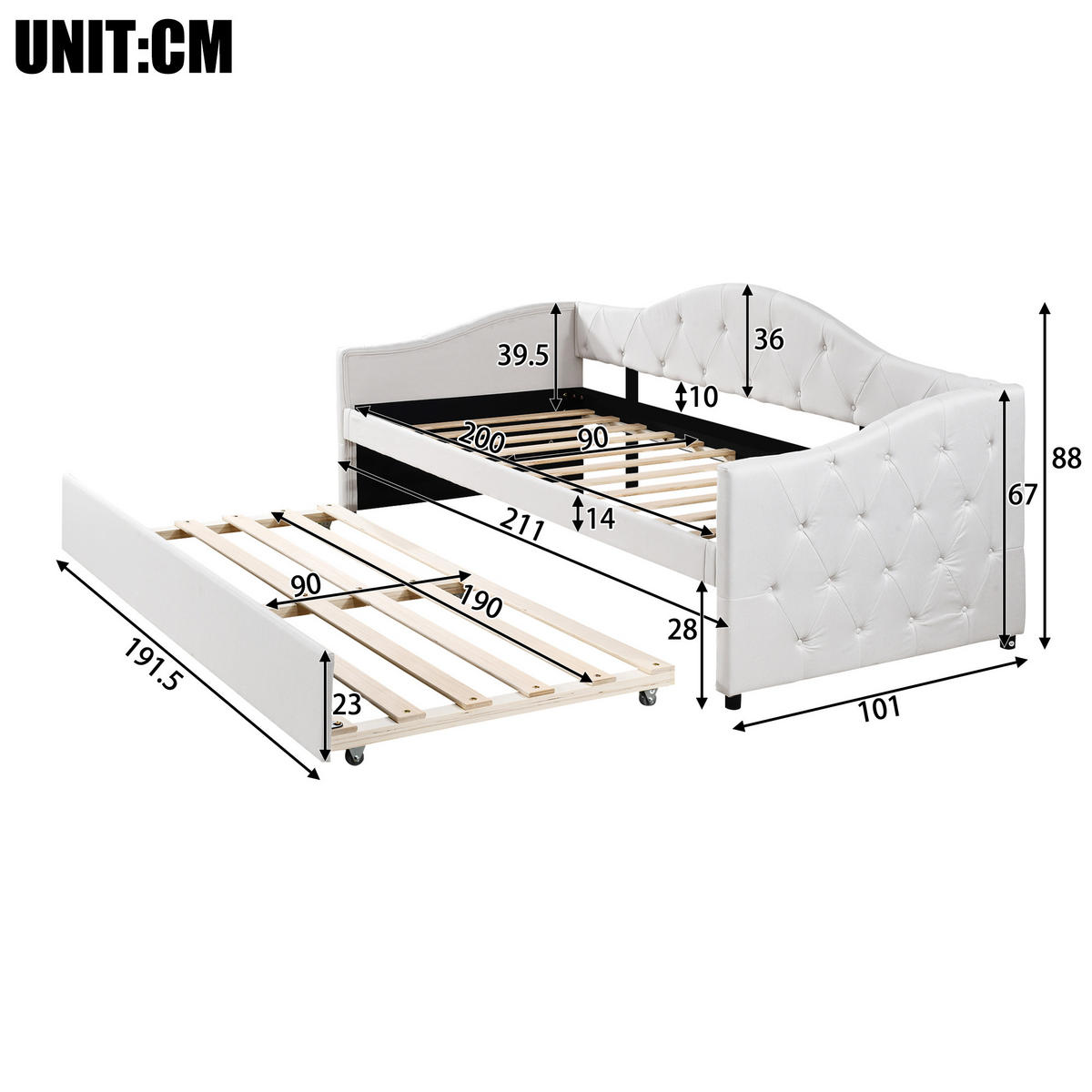 TAGESBETT mit Ausziehbett 90x200 cm Leinen Beige - Beige, Holz (90/200cm) - Meubliv