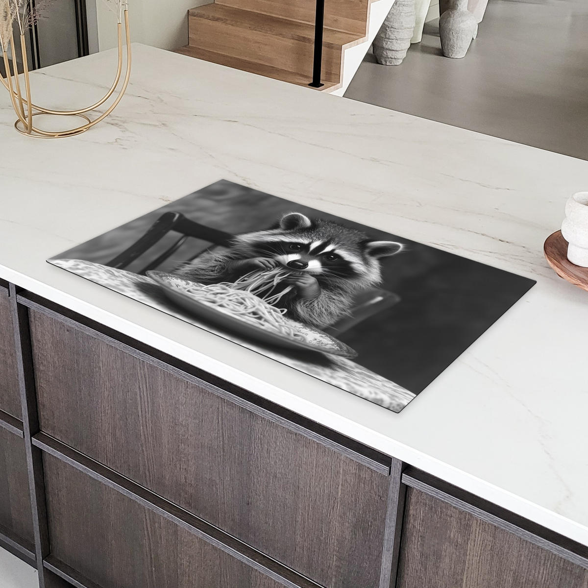 HERDABDECKPLATTE Waschbär - Niedlich - Pasta - Tischtuch - Schwarz - Weiß Ceranfeldabdeckung 90x52 cm - Grau, Kunststoff (90/52/0.2cm) - MuchoWow