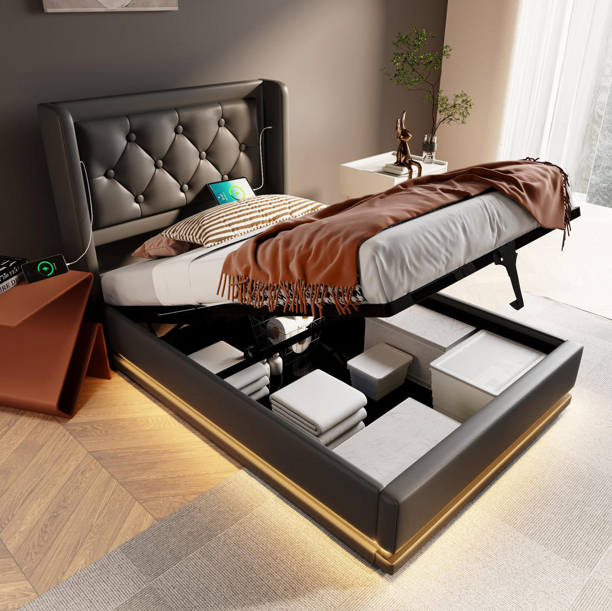 BETT mit Stauraum 90x200 cm PU Schwarz mit LED und USB - Schwarz, Metall (90/200cm) - Meubliv