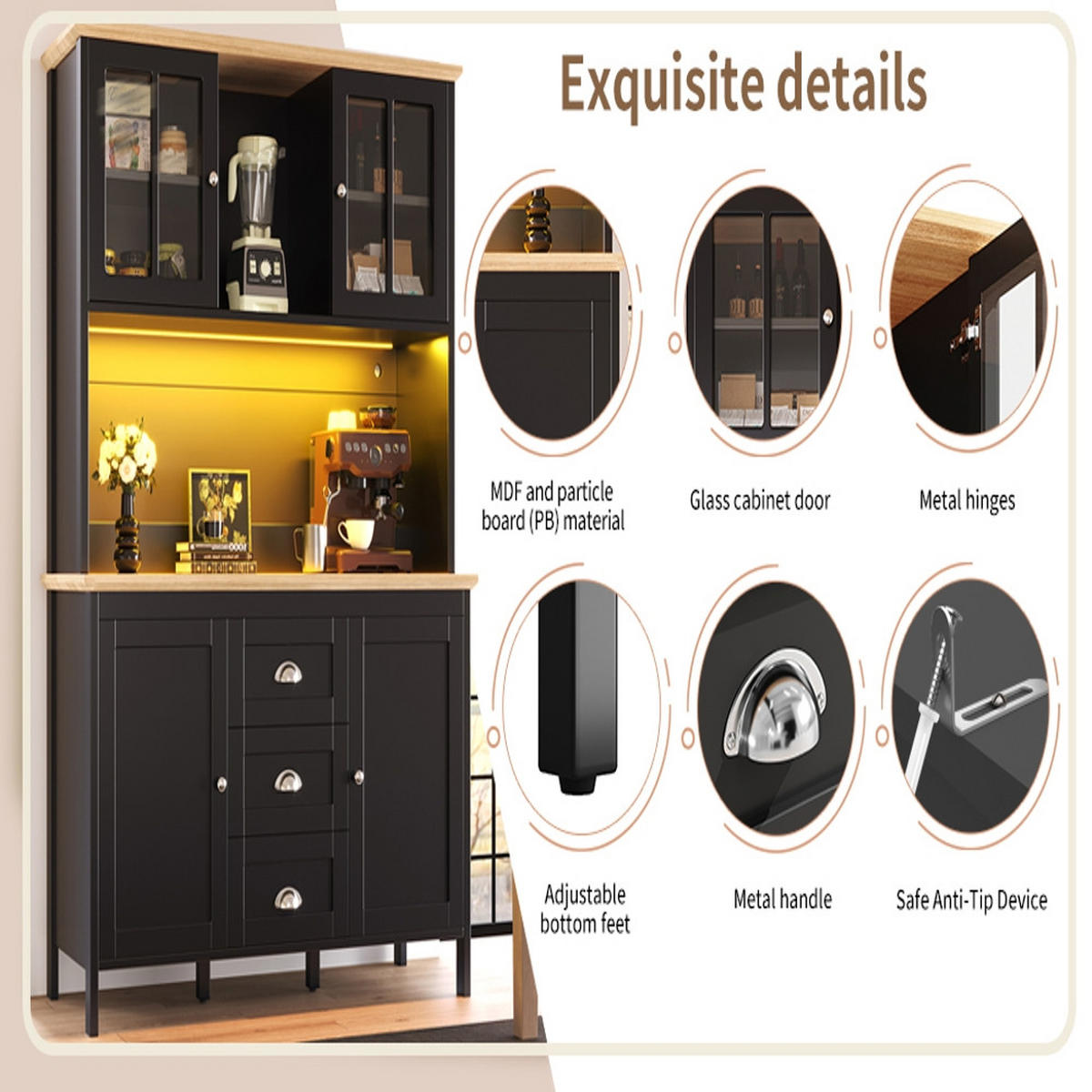 KÜCHENSCHRANK, MIT LED-BELEUCHTUNG, 4 Türen, 3 Schubladen, MDF/Metall, Schwarz-Weiß, Küche/Wohnzimmer, 120/40/179 cm - Schwarz, Kunststoff (40/179/120cm) - Rolipo