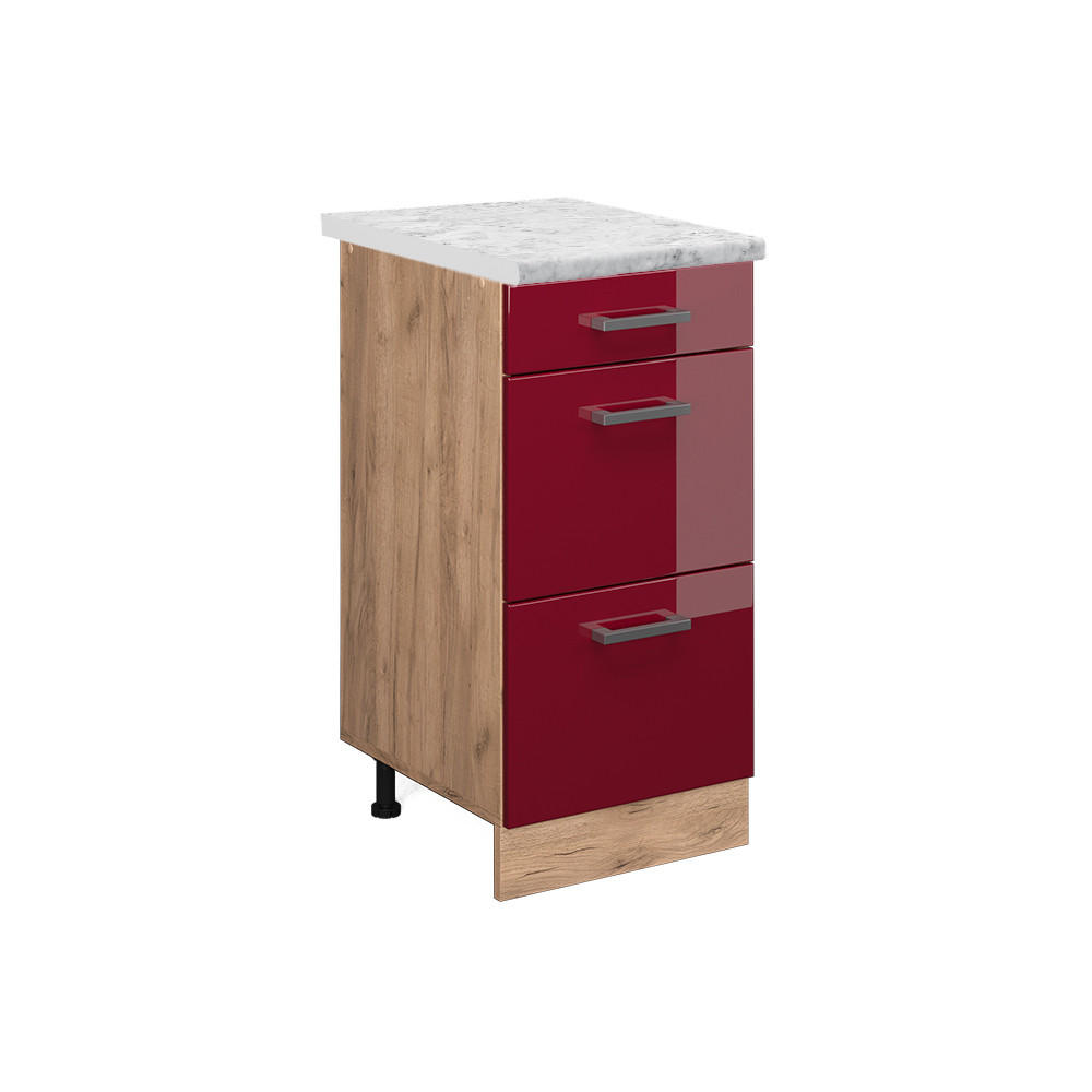 KÜCHENUNTERSCHRANK R-Line Bordeaux Hochglanz 40 cm AP Marmor - Bordeaux/Eiche Wotan, Holzwerkstoff (40/81.6/60cm) - Vicco
