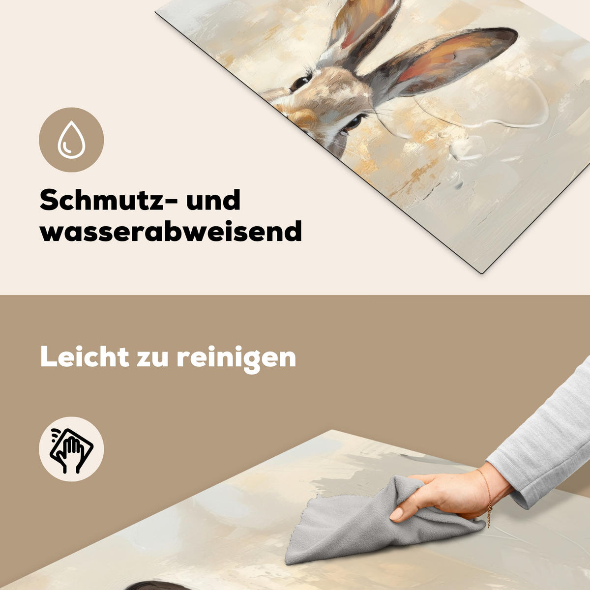 HERDABDECKPLATTE Hase - Ohren - Braun Induktionsschutz 91.2x52 cm - Beige, Kunststoff (91.2/52/0.2cm) - MuchoWow