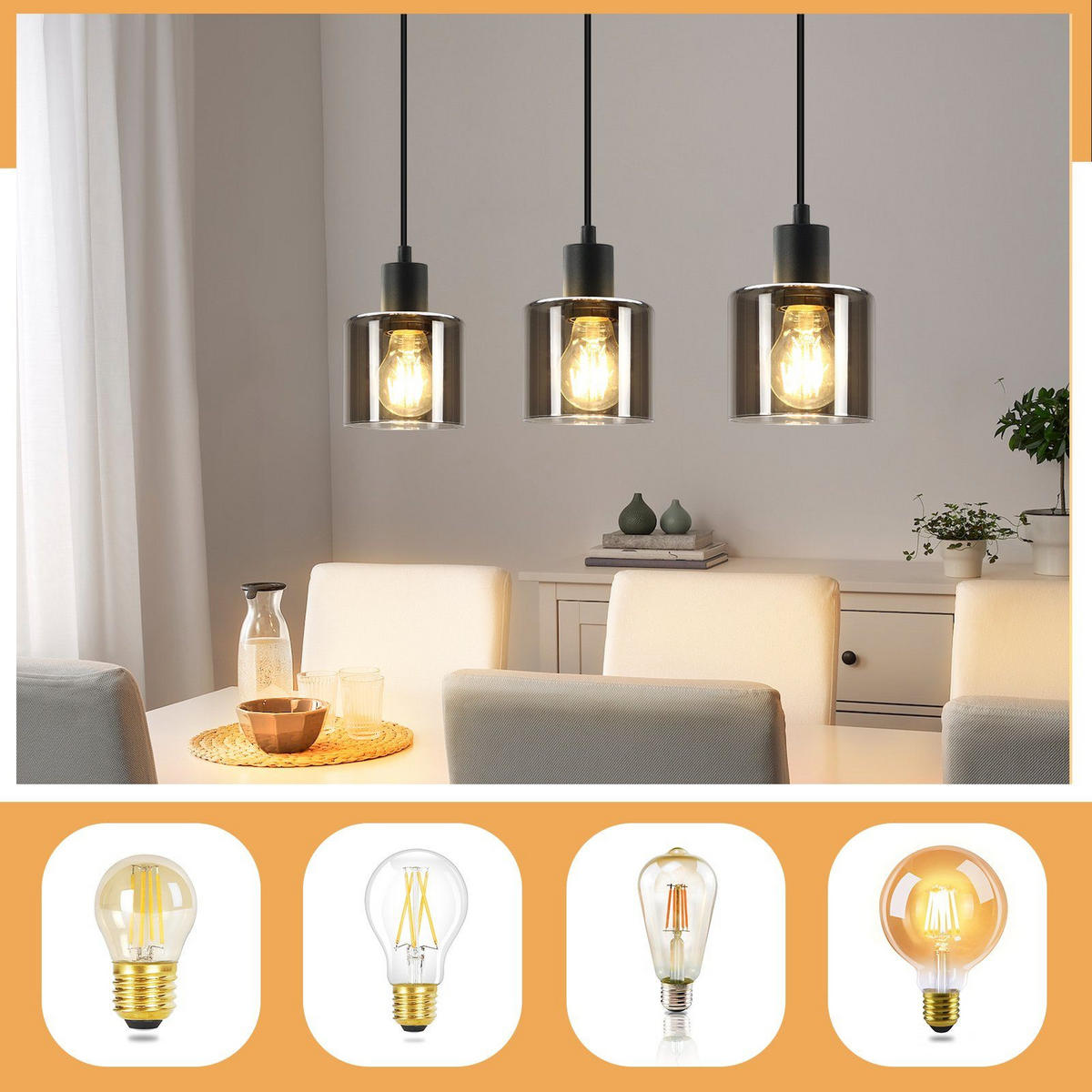 HÄNGELEUCHTE Klassik 3-flammig 68/11/195 cm - Grau, Glas (68/11/195cm) - Nettlife