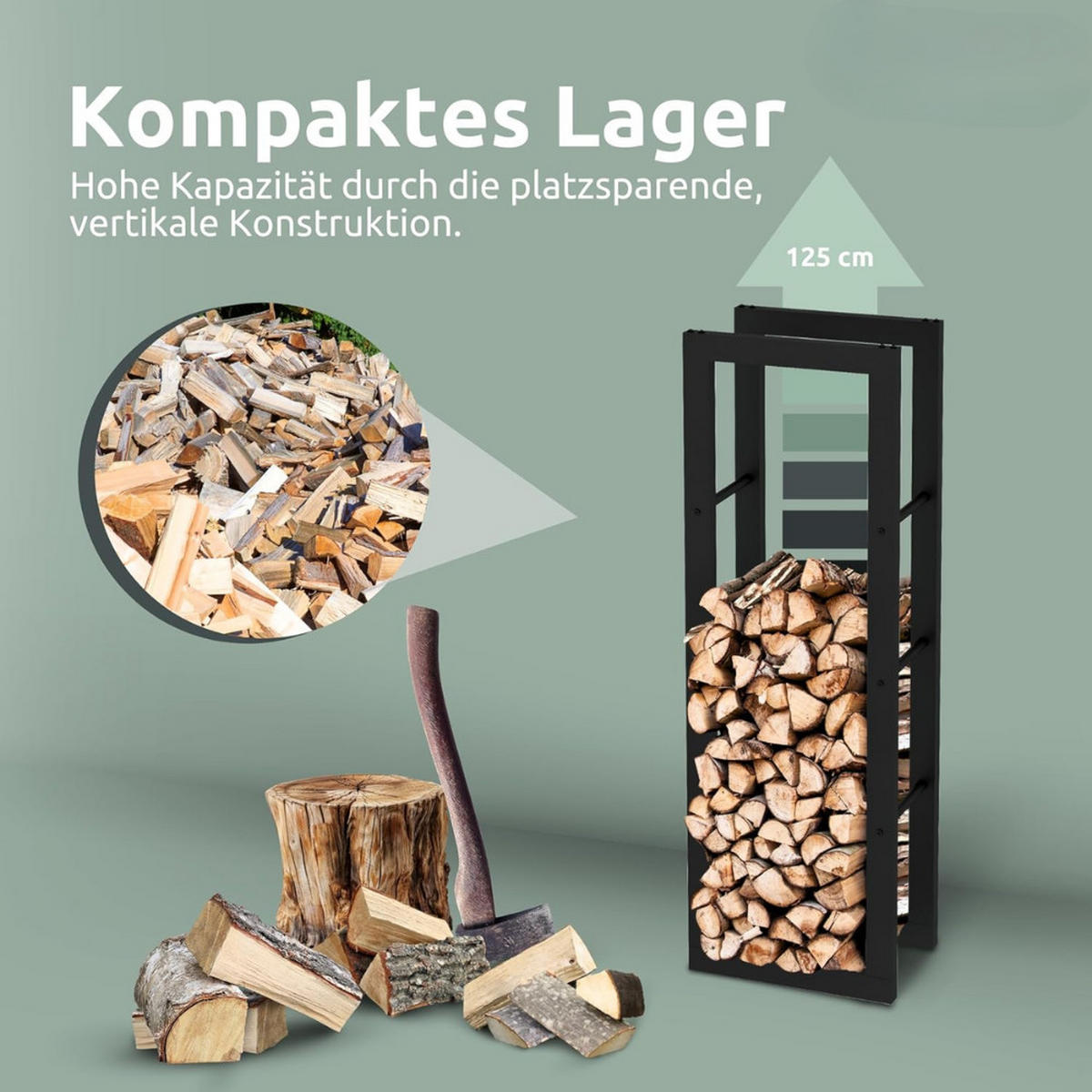 KAMINHOLZREGAL innen Metall KEOP Schwarz 40x25x125 cminkl. Ofenhandschuh - Schwarz, Metall (40/125/25cm) - DELUKE
