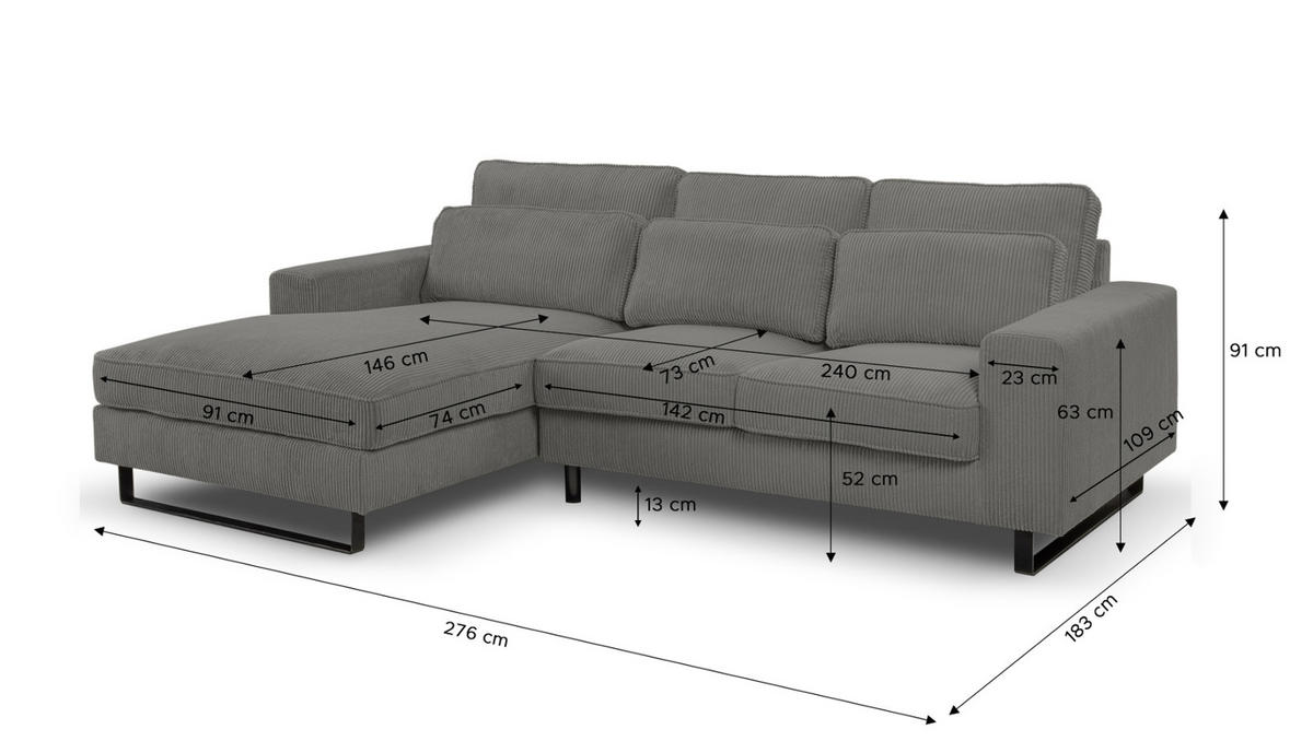 SOFA grau Cord 276 cm, Ecksofa 4-Sitzer, L-Sofa Ottomane links - Schwarz/Grau, Holz/Textil (276/183cm) - Inn.Furn