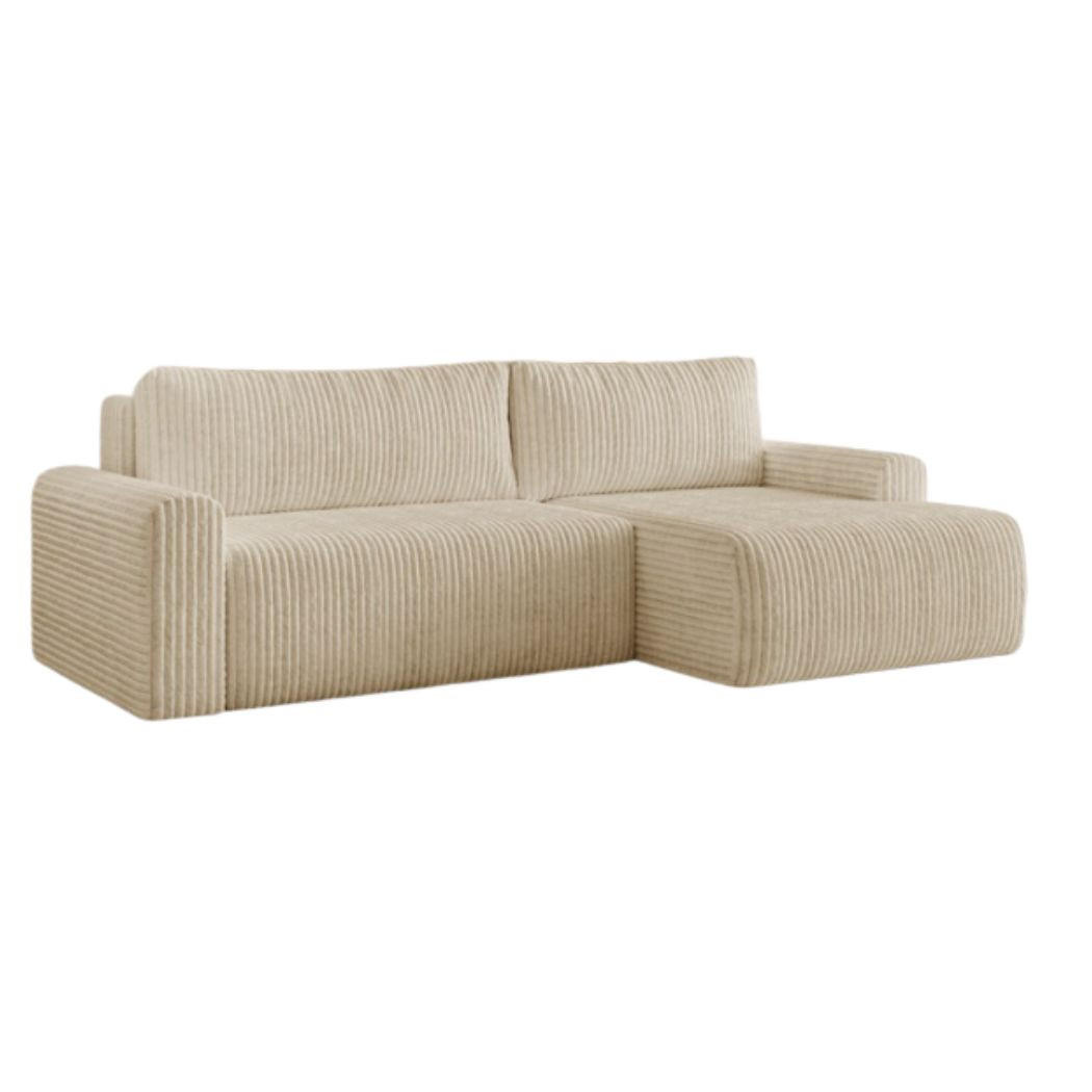 ECKSOFA MILO LARGE mit Schlaffunktion, Bettkasten und Cordbezug, Rechts - TILIA 11 (Taupe/Graubeige) - Beige, Holz (270/142cm) - Dekori_Interiors