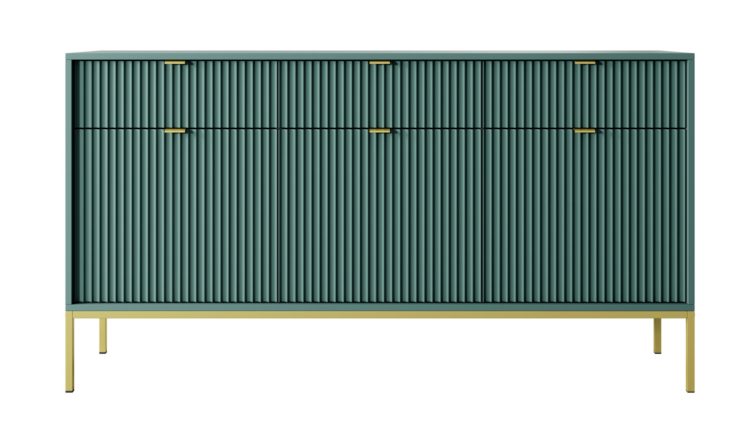 SIDEBOARD Eternas 3T 3S Grün 154/83/39 cm – goldene Füße, mit geriffelten Fronten - Goldfarben/Grün, Holzwerkstoff (154/83/39cm) - AX Living