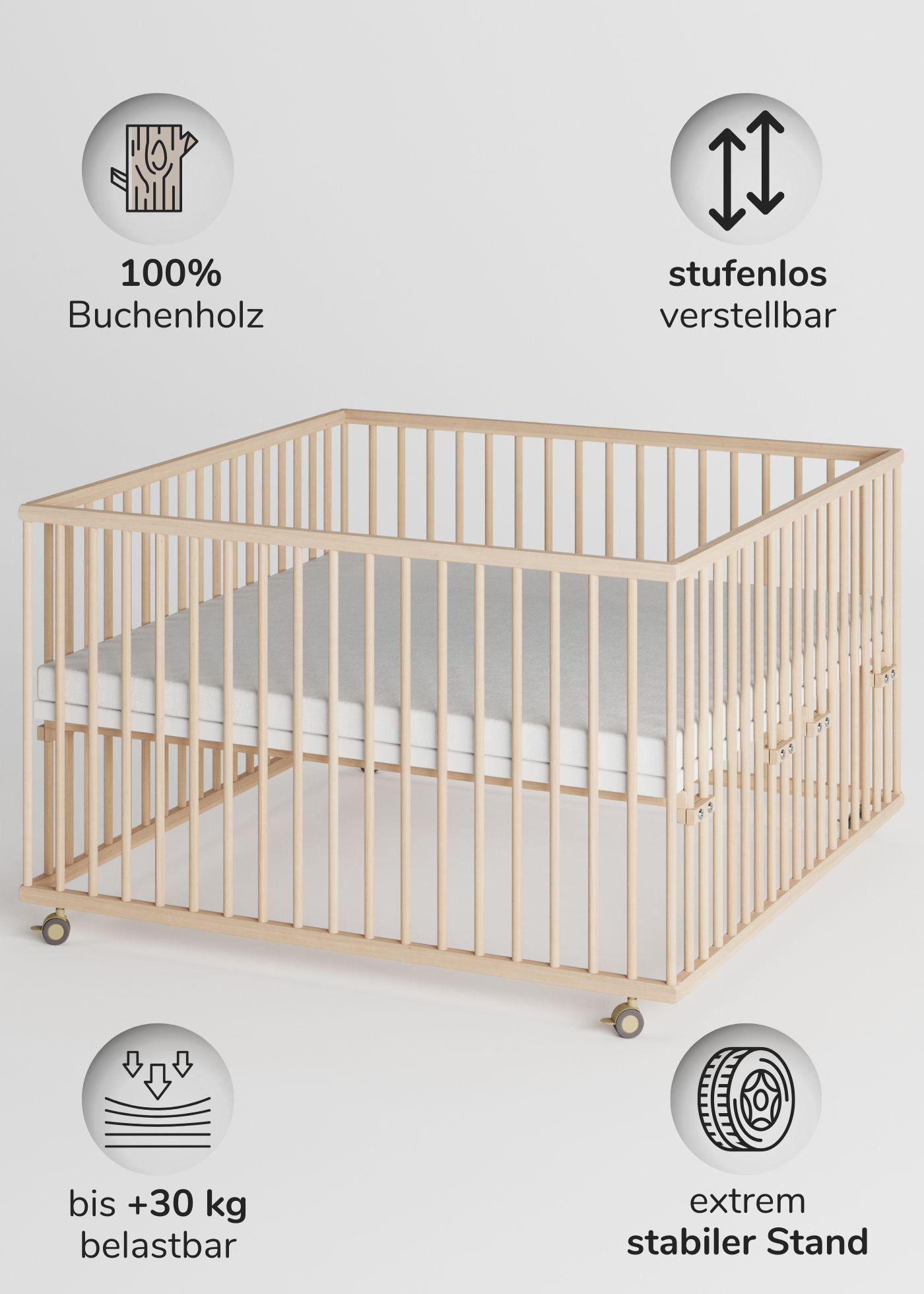 LAUFGITTER 120x120 cm mit Matratze - natur - Premium Kollektion - Naturfarben, Holz (120/74/120cm) - Sämann – make a difference.