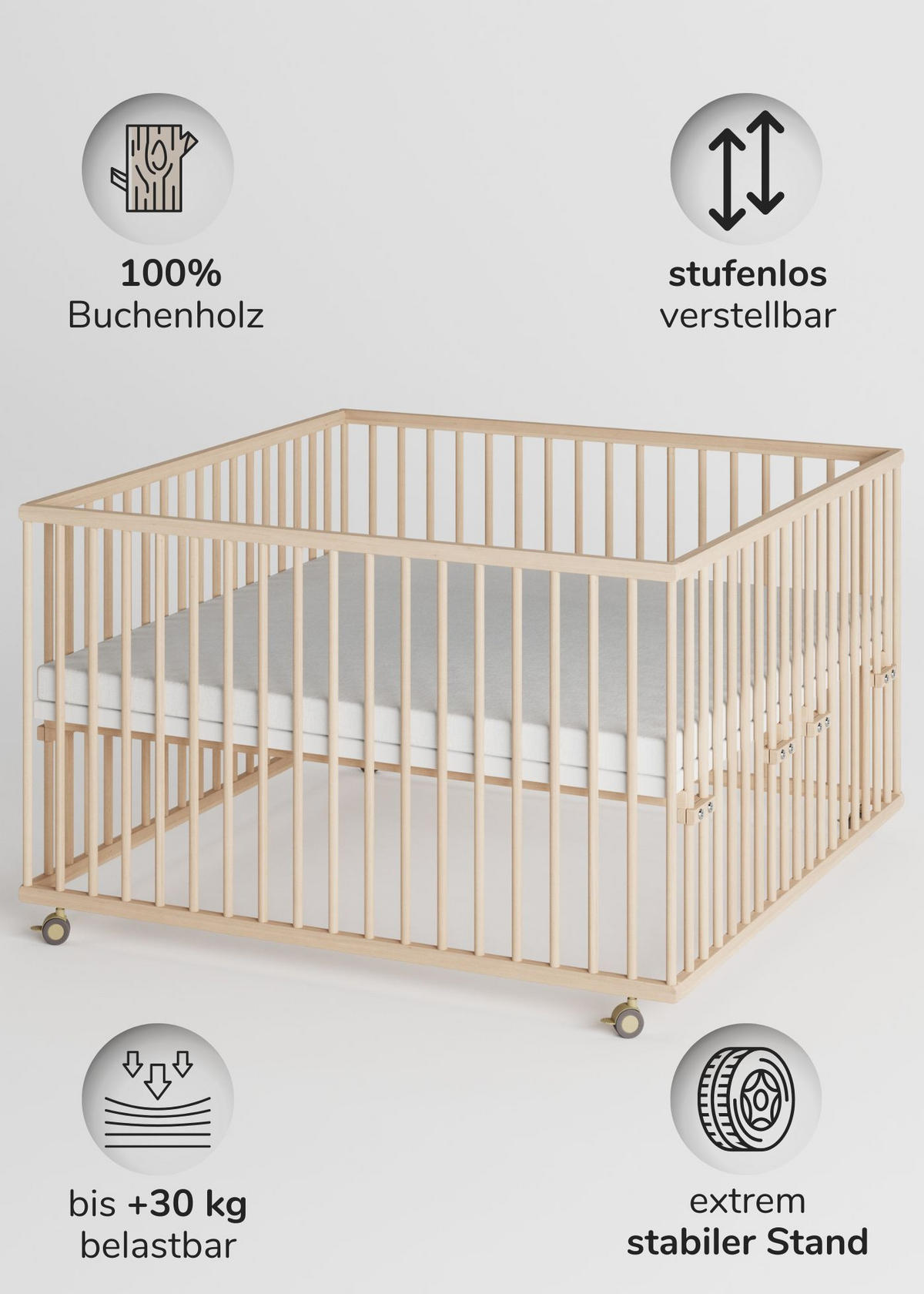LAUFGITTER 120x120 cm mit Matratze - natur - Premium Kollektion - Naturfarben, Holz (120/74/120cm) - Sämann – make a difference.