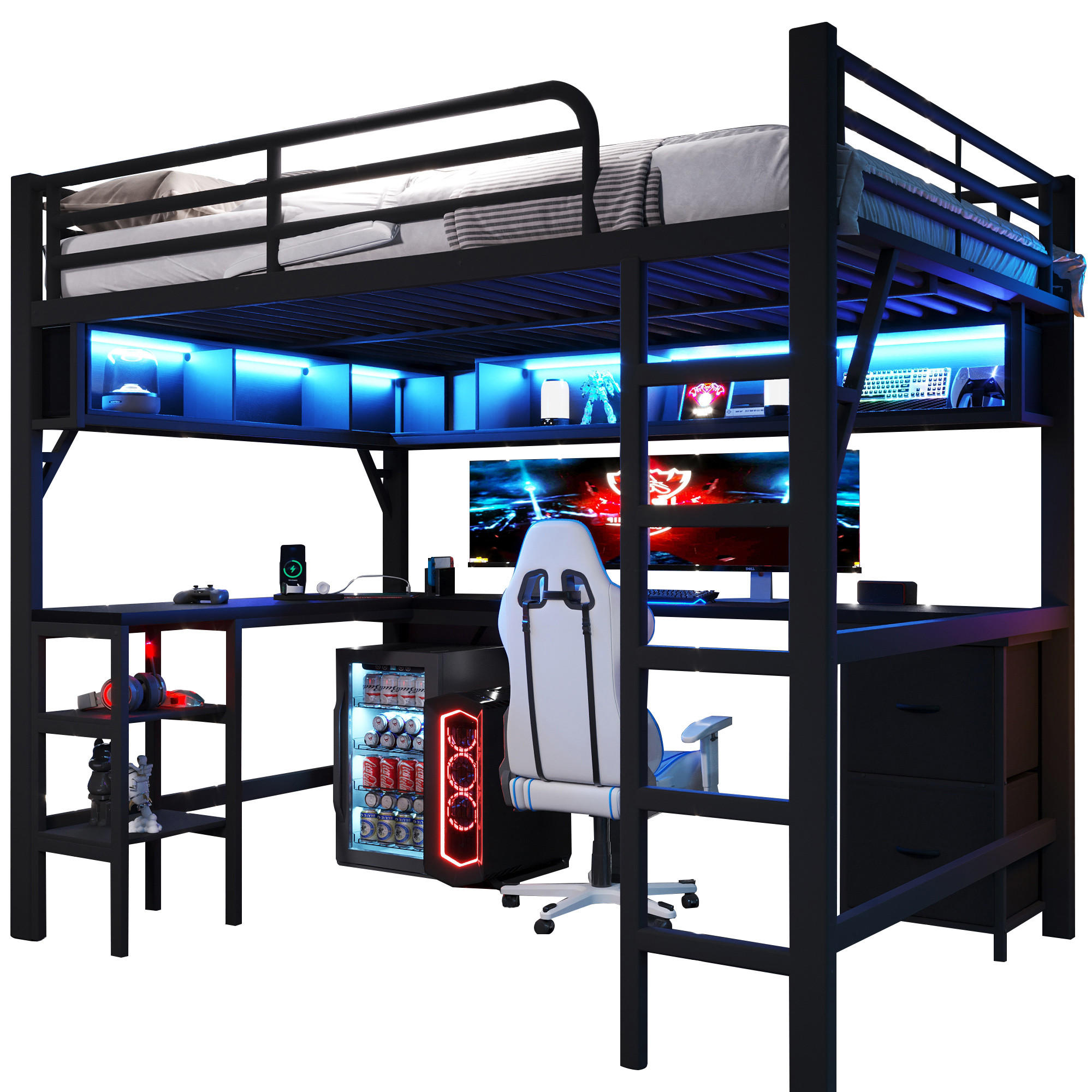 HOCHBETT 140/200 cm in Schwarz mit Schreibtisch, Regal, Schubladen, LED und USB - Schwarz, Holzwerkstoff/Metall (140/200cm) - STILVORA