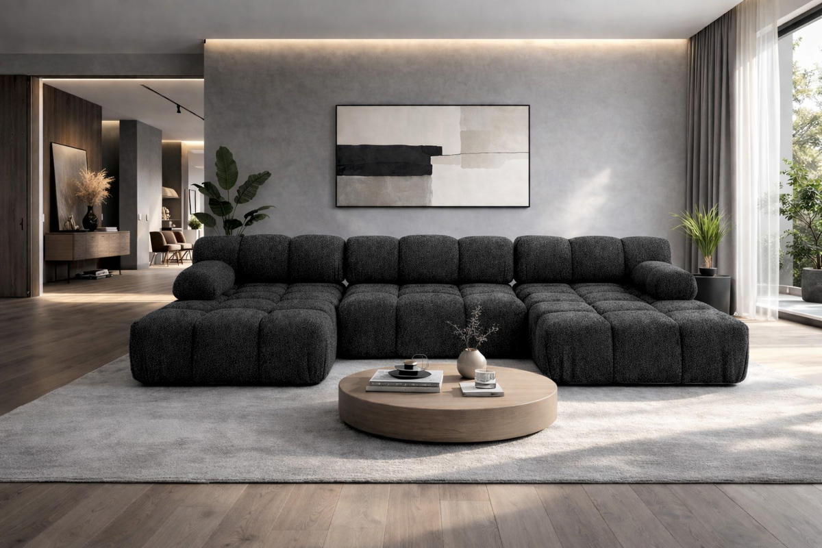 ECKSOFA U-Form, Stoff Bouclé Abriamo, Graphit, Selia U - Graphitfarben, Holz (285/70/160cm) - Kaiser Möbel