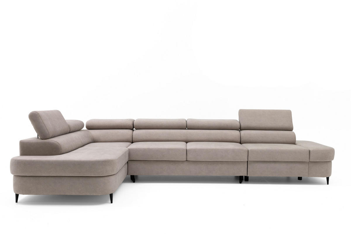 ECKSOFA PRIAM MAXI L-Form mit Schlaffunktion & Bettkasten, 6-Sitzer, 350cm, Verstellbare Kopfstützen Ottomane links - Beige, Holz/Textil (350/203cm) - Muffo