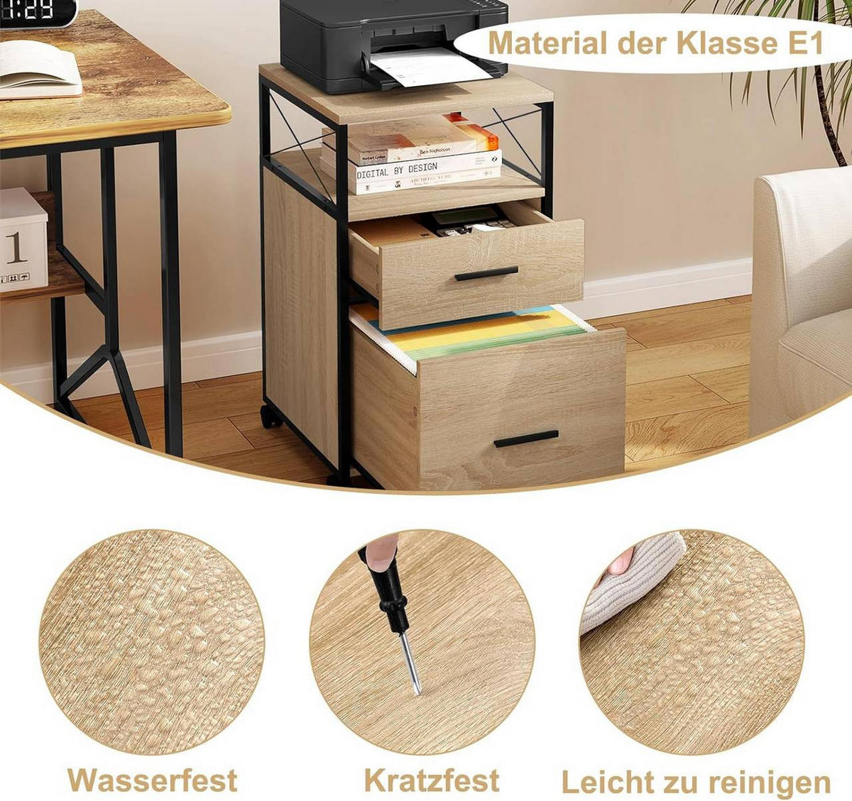 ROLLCONTAINER mit 2 Schubladen, Helle Eiche - Eichefarben/Schwarz, Holzwerkstoff/Metall (40/69/40cm) - Woltu