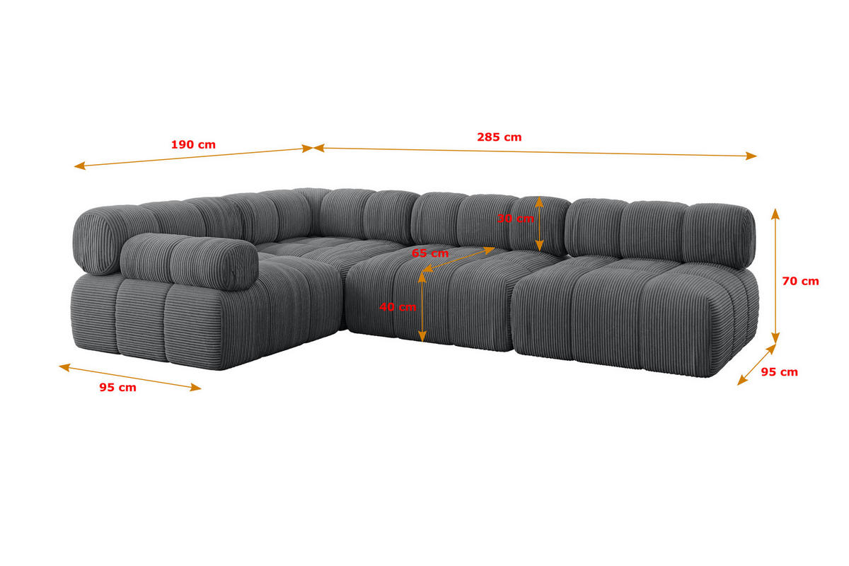 ECKSOFA modulares Sofa Mende-L2 - 285x190x70 cm Dunkelgrau Cord - Dunkelgrau, Holzwerkstoff/Textil (285/190cm) - ALTDECOR