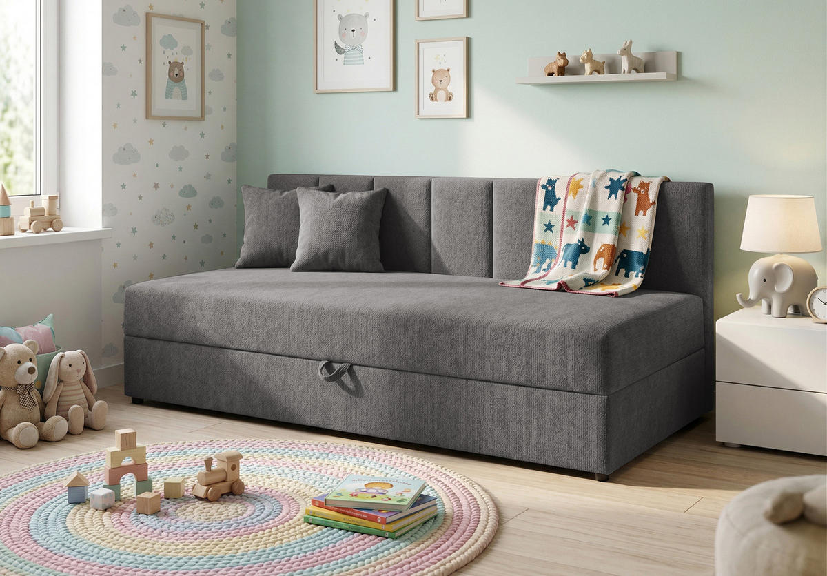 TAGESBETT Lenny mit Rückenlehne und großem Bettkasten aus Grau Chenille-Stoff - Schwarz/Grau, Holz/Kunststoff (90/200cm) - S-Style Möbel