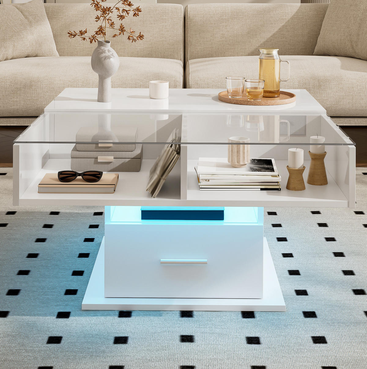 COUCHTISCH höhenverstellbar 78x78 cm Weiß mit LED und Stauraum - Weiß, Holzwerkstoff (78/78/45cm) - Meubliv