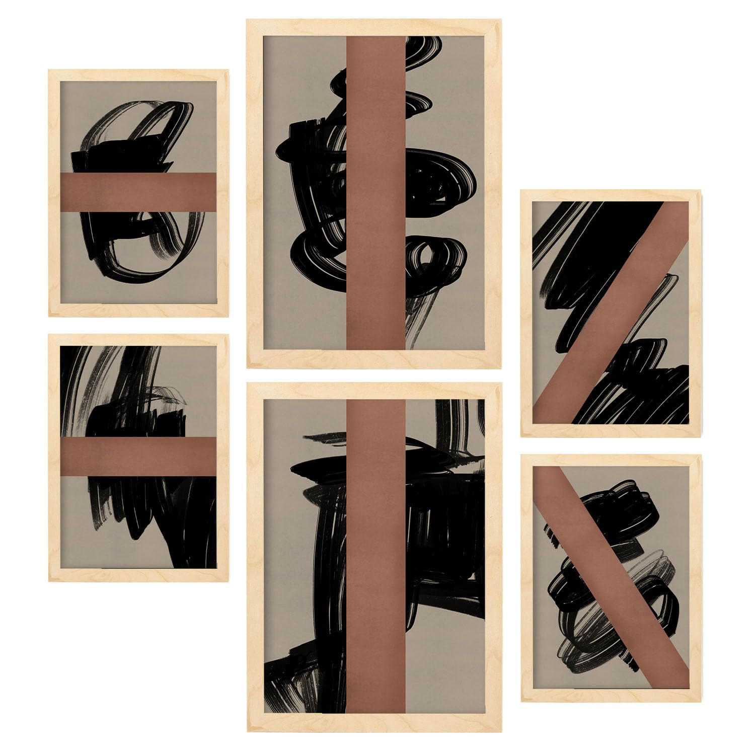 POSTER Set Mit 6 Utopisches Handwerk In Form Abstracts Ästhetische Dekorative Gemälde Für Ihr Wohnzimmer Zuhause A3 & A4 Rahmen Aus Hellem Holz - Beige, Papier (29/3cm) - Nacnic