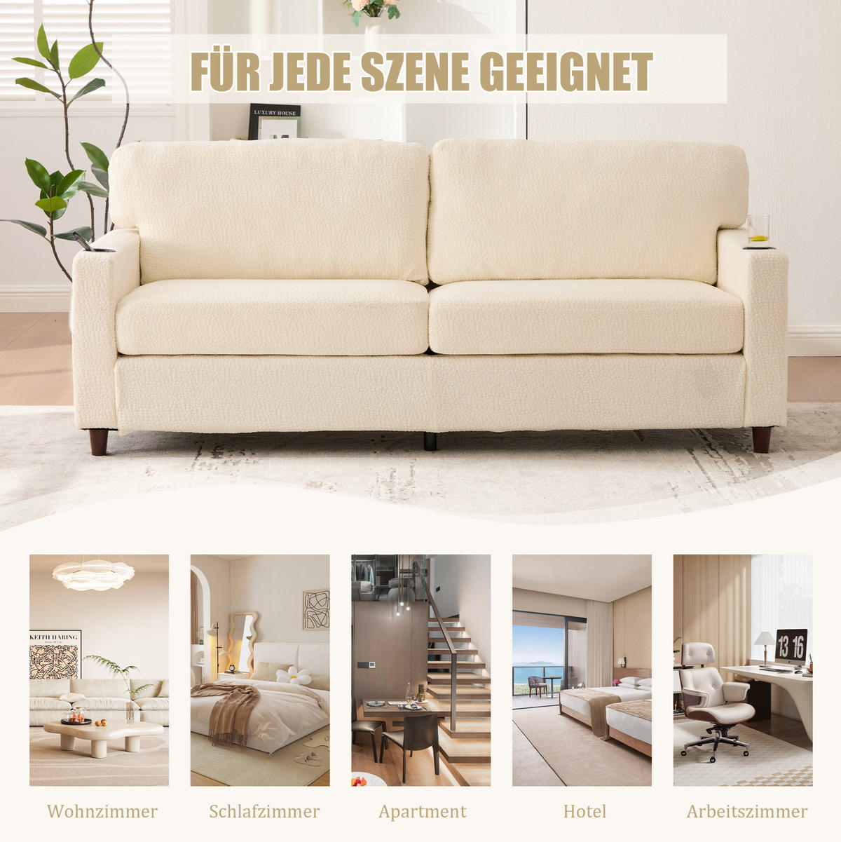 ZWEISITZER Sofa Chenille mit USB-Anschluss und LED-Licht 203/77,5/86 cm Beige - Beige, Textil (77.5/86/203cm) - Redom