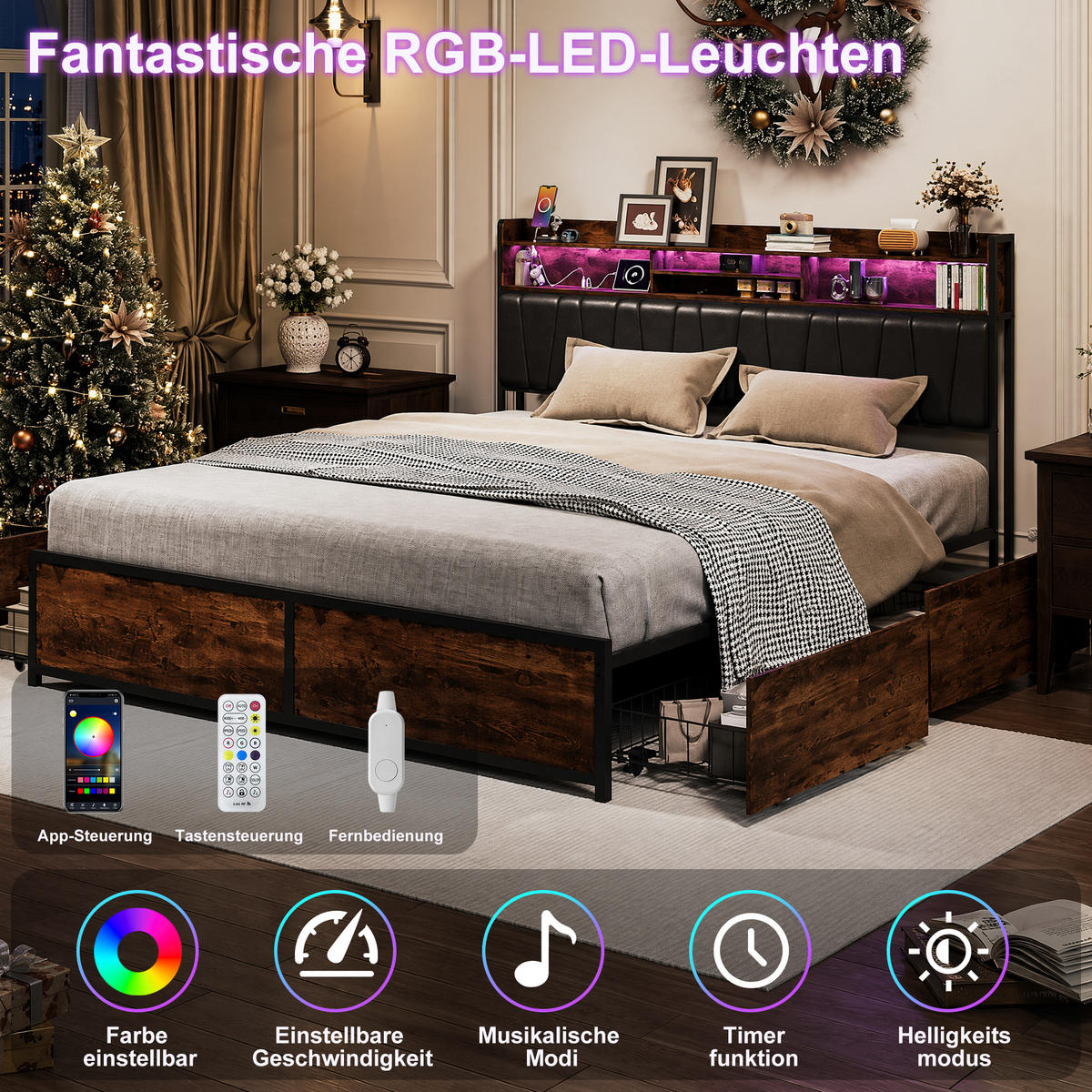 POLSTERBETT 180x200 cm, 4 Stauraumschubladen, LED-Leiste, Doppel-USB, in Braun - Braun, Holz (180/200cm) - BRILVERDE