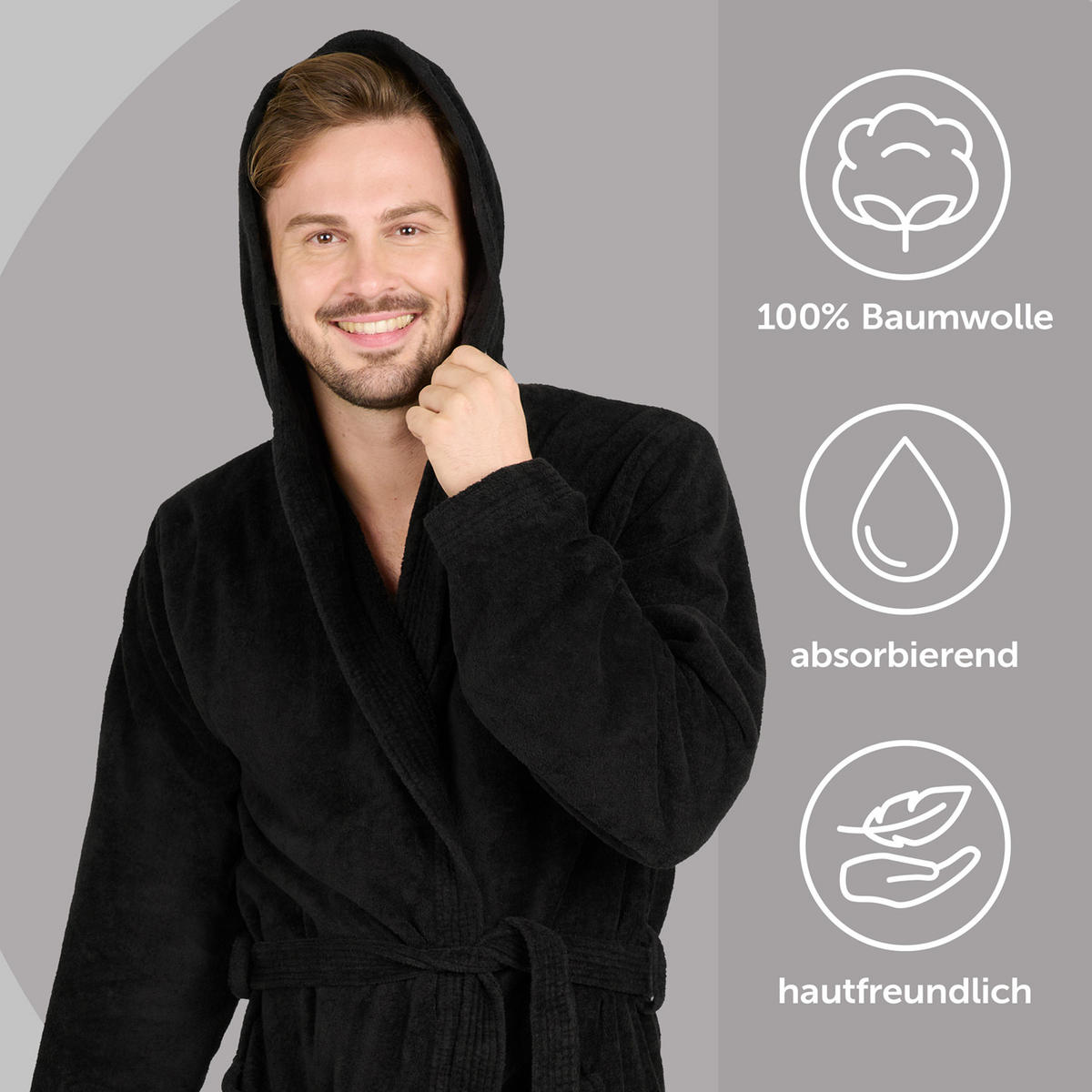BADENMANTEL Herren L - mit gefütterter Kapuze aus 100% Baumwolle, Schwarz - Schwarz, Textil (Lnull) - Blumtal