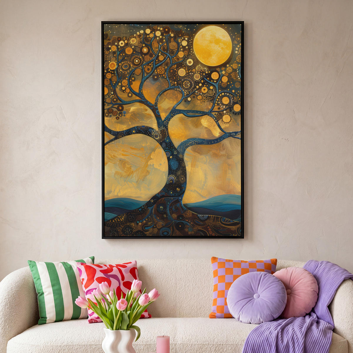 LEINWAND Bilder mit Rahmen - Baum - Mond - Blumen - Gold - Kunst - 90x140 - Orange, Textil (90/140cm) - MuchoWow