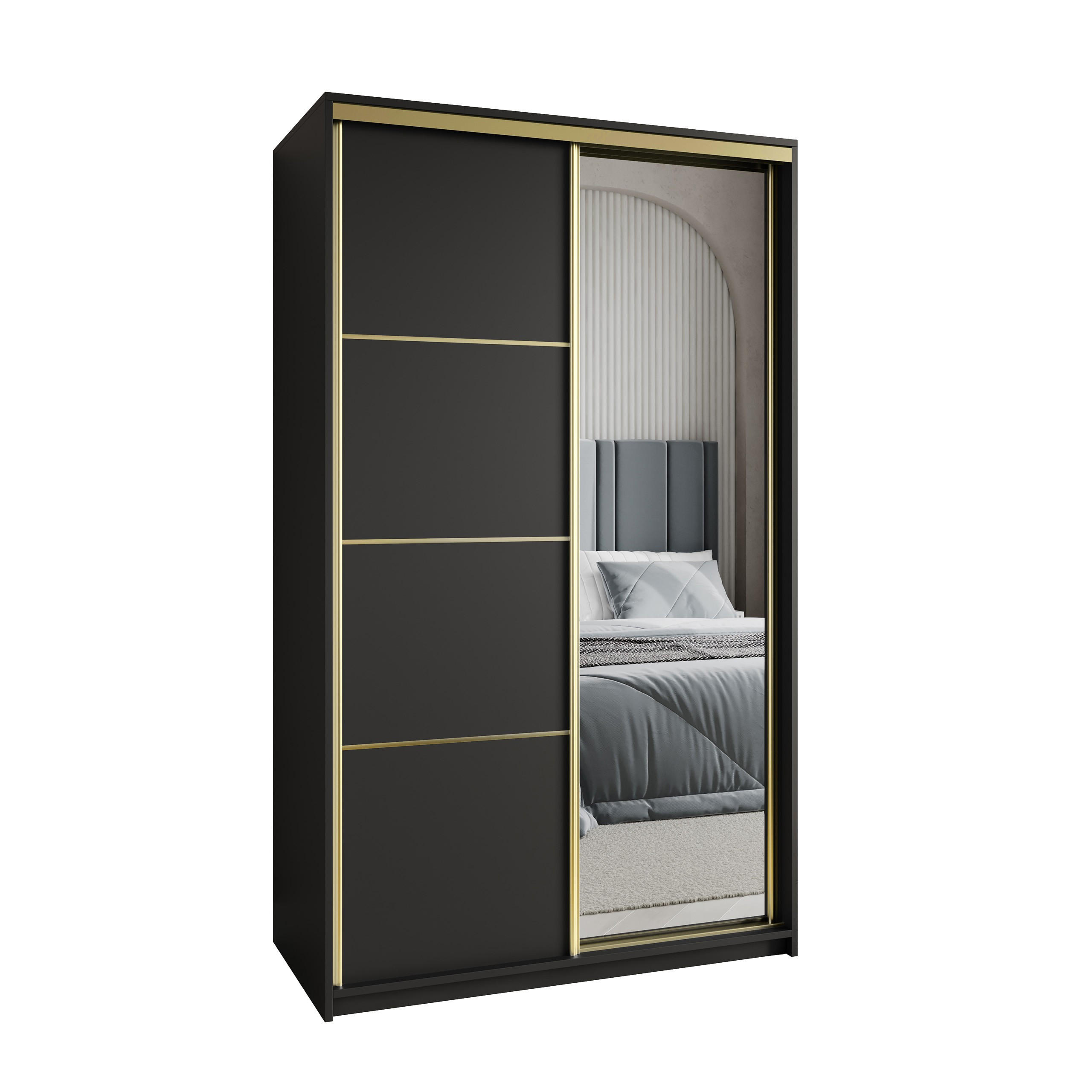 SCHWEBETÜRENSCHRANK VARO 120/205/60 cm 2-türig mit Spiegel Schwarz - Schwarz, Holzwerkstoff (120/205/60cm) - MASSENO