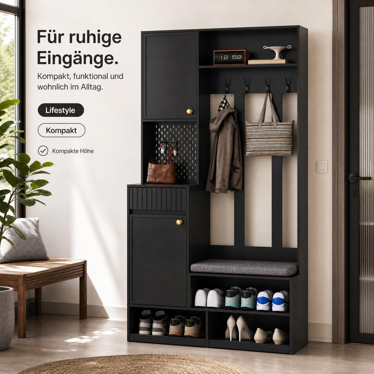 GARDEROBE 100/180/35 cm Schwarz aus MDF mit Sitzbank - Schwarz/Grau, Holzwerkstoff (35/180/100cm) - OKMYHOME