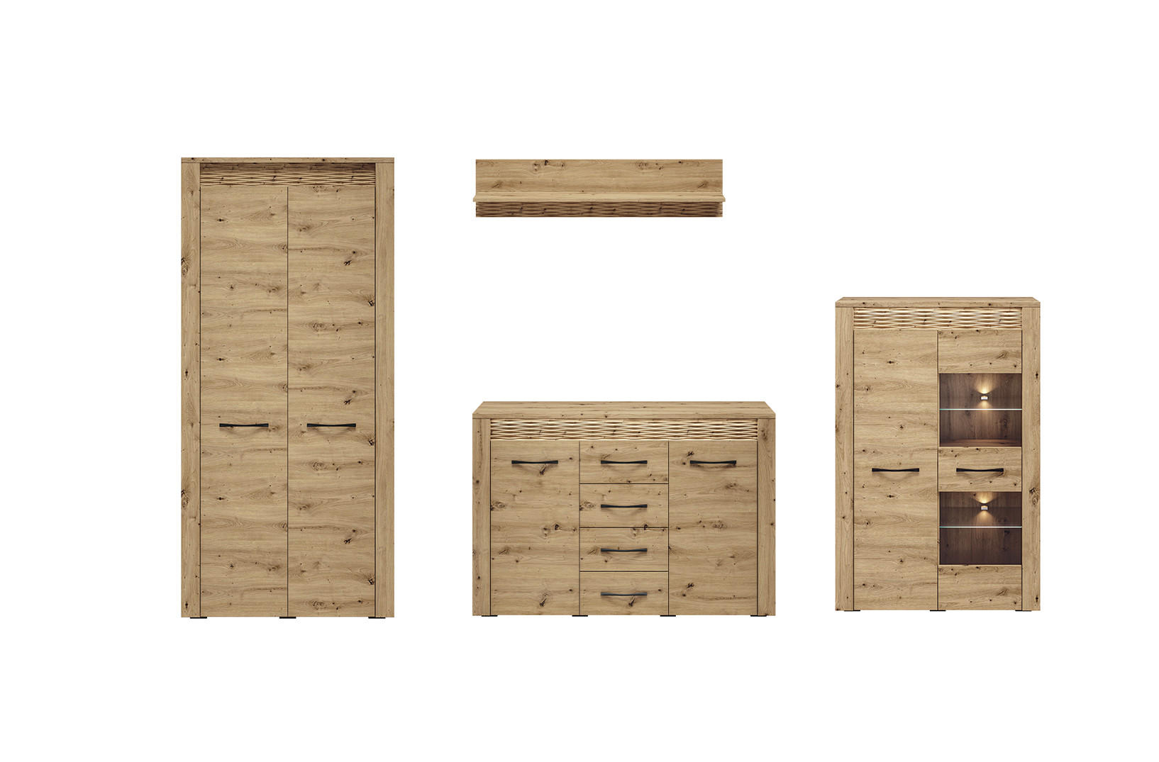 WOHNWAND Artis Artisan Eiche 4-teilig - Eiche Artisan/Braun, Holz/Holzwerkstoff (322/200/55cm) - Feldmann-Wohnen