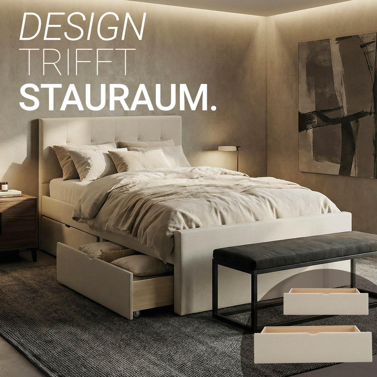 POLSTERBETT mit Stauraum 120/200 cm in Beige + Lattenrost - Beige/Naturfarben, Textil (120/200cm) - Homestyle4u