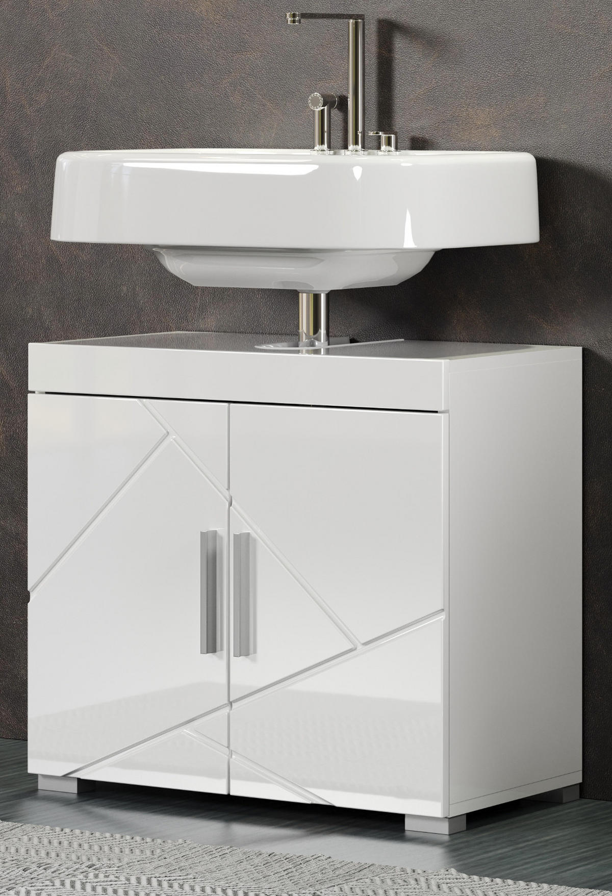 WASCHBECKENUNTERSCHRANK weiß Hochglanz 60 cm, Badschrank 2-türig - Weiß Hochglanz/Alufarben, Holzwerkstoff/Kunststoff (60/56/34cm) - Top.Furn