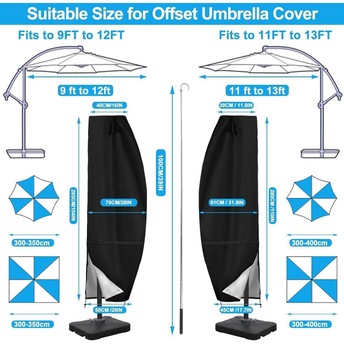SONNENSCHIRMHÜLLE 420D wasserdicht für 3.4m-4m Gartenschirm - Schwarz, Textil (43/279/279cm)