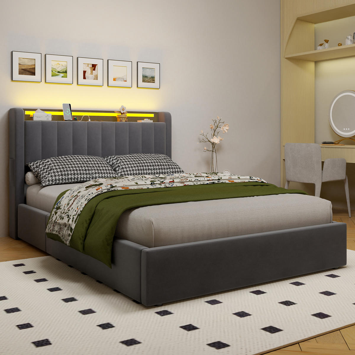 POLSTERBETT 140x190 cm Gepolstert mit Integrierter LED und USB - Grau, Textil (140/190cm) - Modenvie