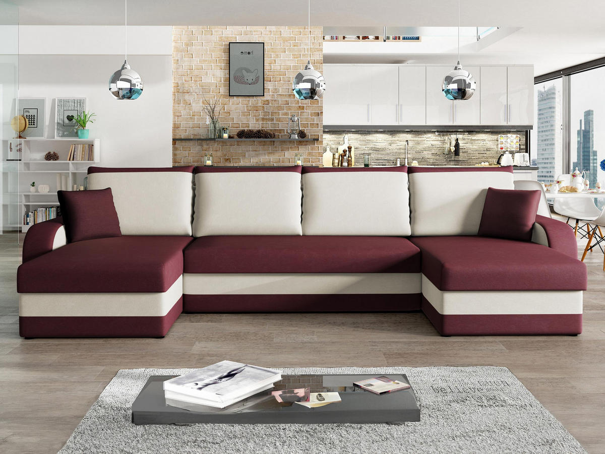 ECKSOFA Kris U - Schwarz/Dunkelrot, Holz/Kunststoff (304/80/140cm) - MIRJAN24
