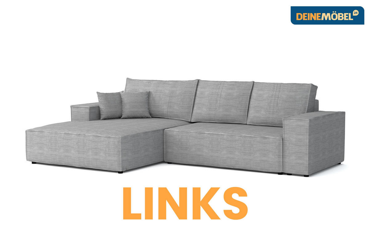 ECKSOFA MARCO 294/185 in Cord Hellgrau mit Schlaffunktion links - Hellgrau, Holz/Holzwerkstoff (294/185cm) - Deine Möbel 24