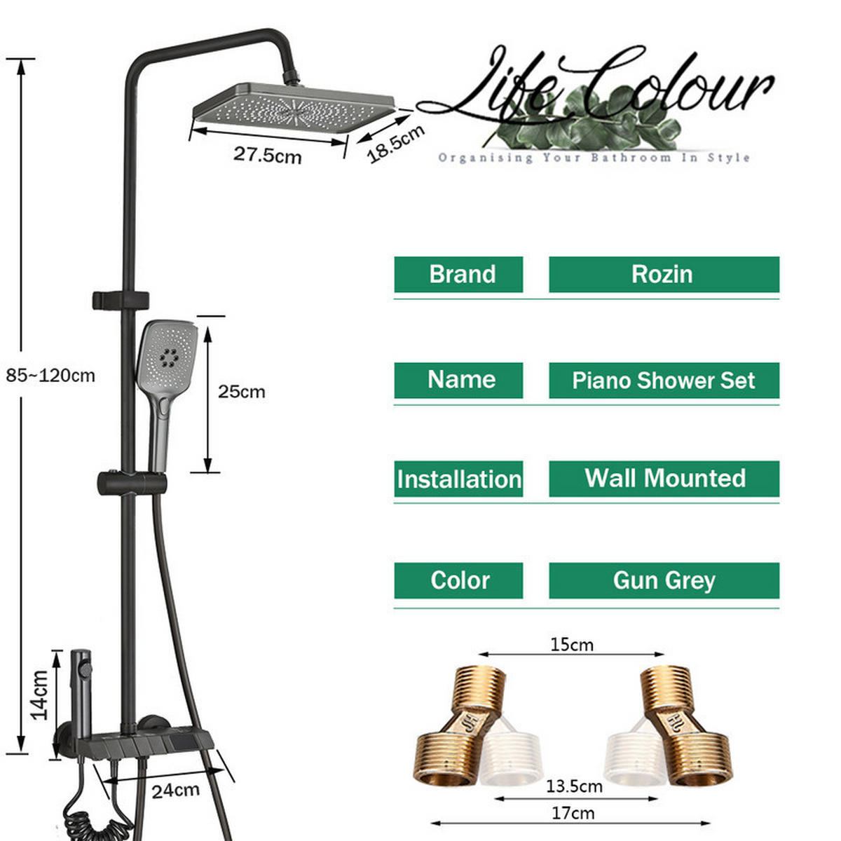 THERMOSTATISCHES Duschsystem 3 Funktionen mit Digitalanzeige Grau – Regendusche, Handbrause & Bidet, Piano-Tasten Bedienung, Badezimmer Armatur - Grau, Metall (18.5/120/27.5cm) - Kaket